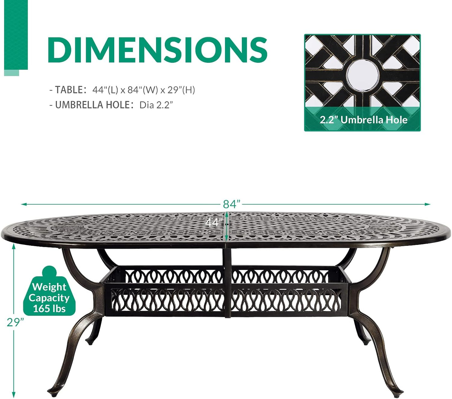 VIVIJASON Large Patio Dining Table, Outdoor Oval Dining Table Fits for 6-8 Person, Bronze Cast Aluminum Rustic Patio Table with Umbrella Hole for Balcony, Porch and Deck