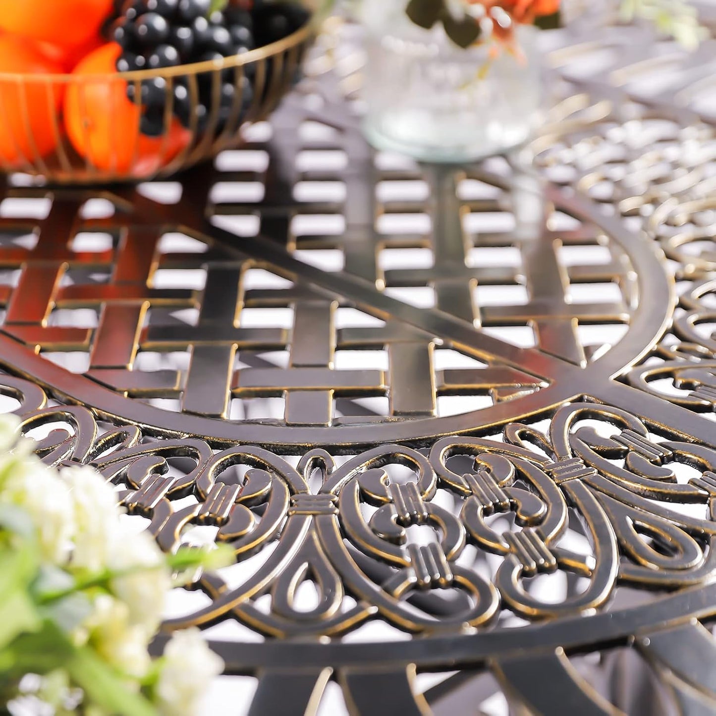 VIVIJASON Large Patio Dining Table, Outdoor Oval Dining Table Fits for 6-8 Person, Bronze Cast Aluminum Rustic Patio Table with Umbrella Hole for Balcony, Porch and Deck