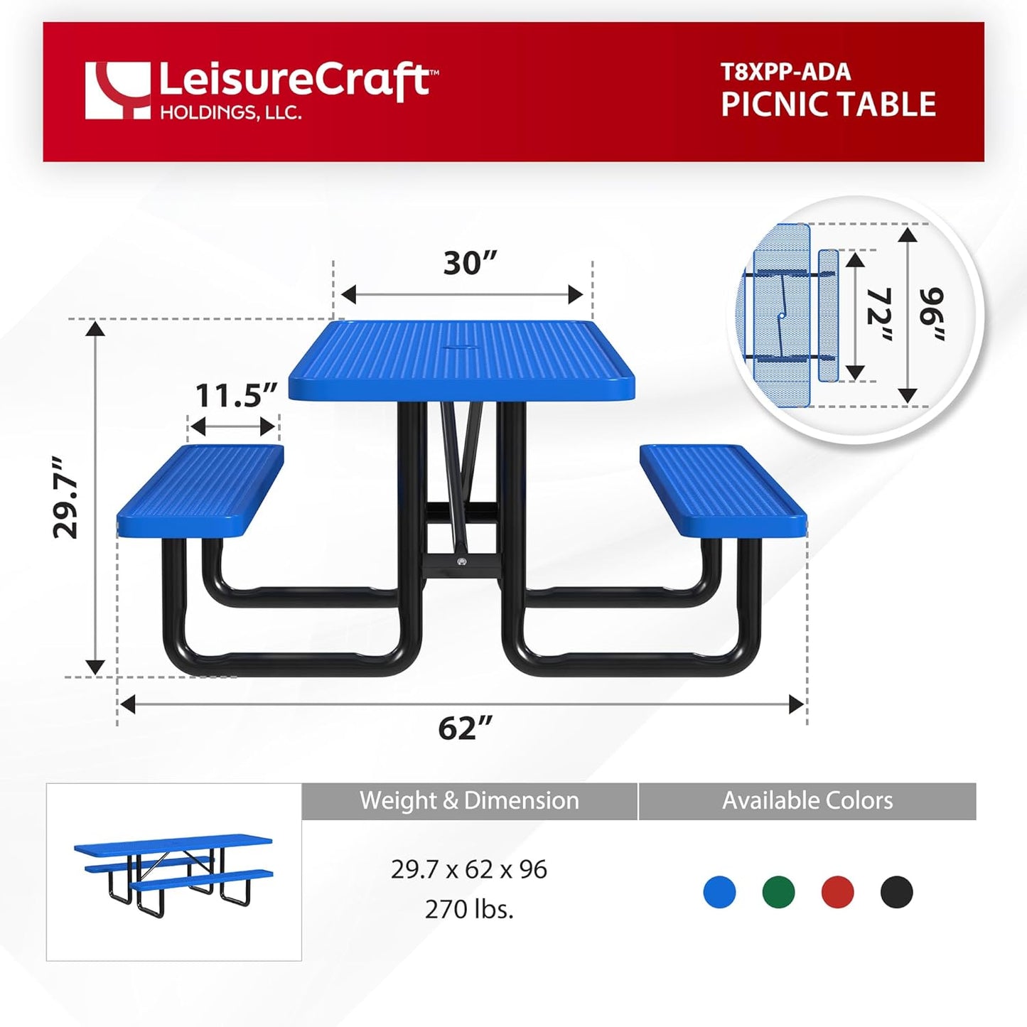Heavy-Duty 8 Foot ADA Accessible Picnic Table, 72" Bench Seats, Portable, Made with Heavy-Gauge Metal, Durable Thermoplastic Coating, Commercial Outdoor Picnic Table, Made in The USA
