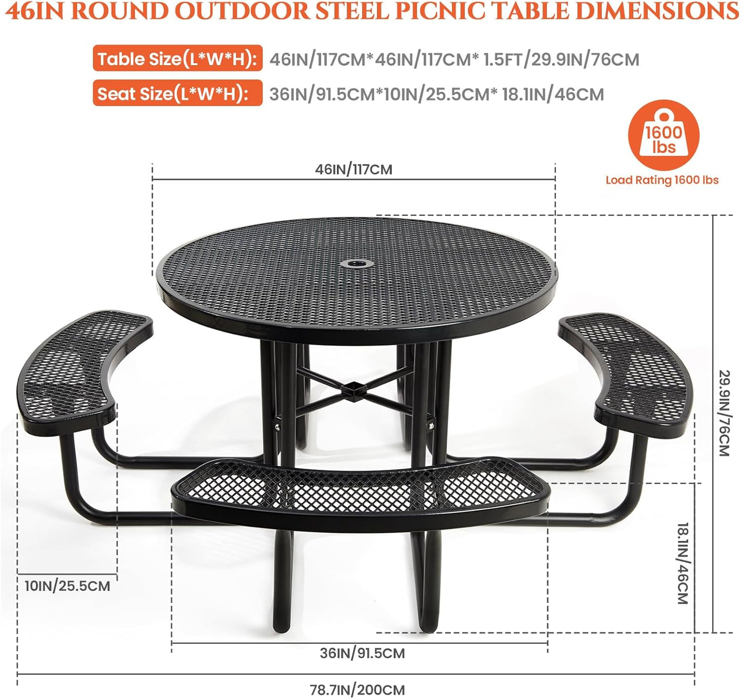 47'' Heavy Duty Picnic Round Table with Umbrella Hole, Expanded Meta Outdoor Metal Patio Dining Table Park Bench Set, Steel Mesh Outdoor Patio Furniture for Garden, Lawn, Patio, Porch, Park, Yard