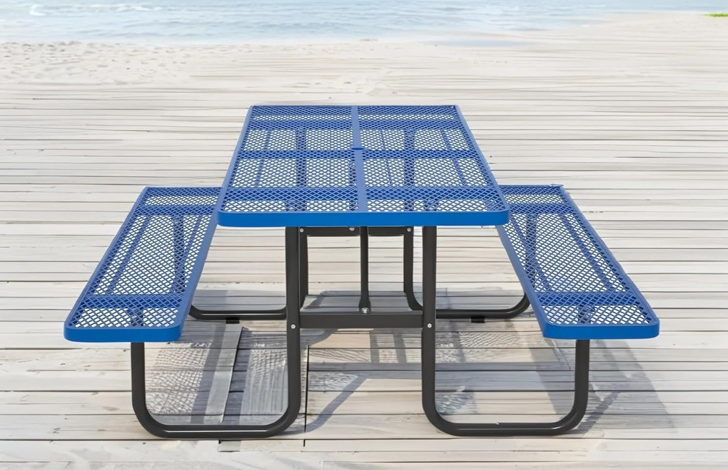 72" Picnic Table for Outdoors, Metal Picnic Table with 2 Built-in Benches, 1 Umbrella Pole, Heavy-Duty Structure for Patio, Garden, Courtyard and BBQ, Blue