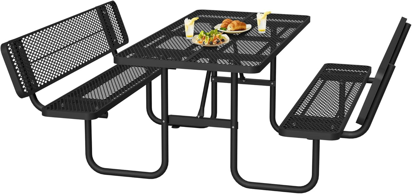 46" Round Metal Picnic Tables for Outdoors with Umbrella Hole Stainless Steel Commercial Grade Table with Seats, 8 Person Open Air Top Round Portable Outdoor Patio Picnic Table Furniture, Blue