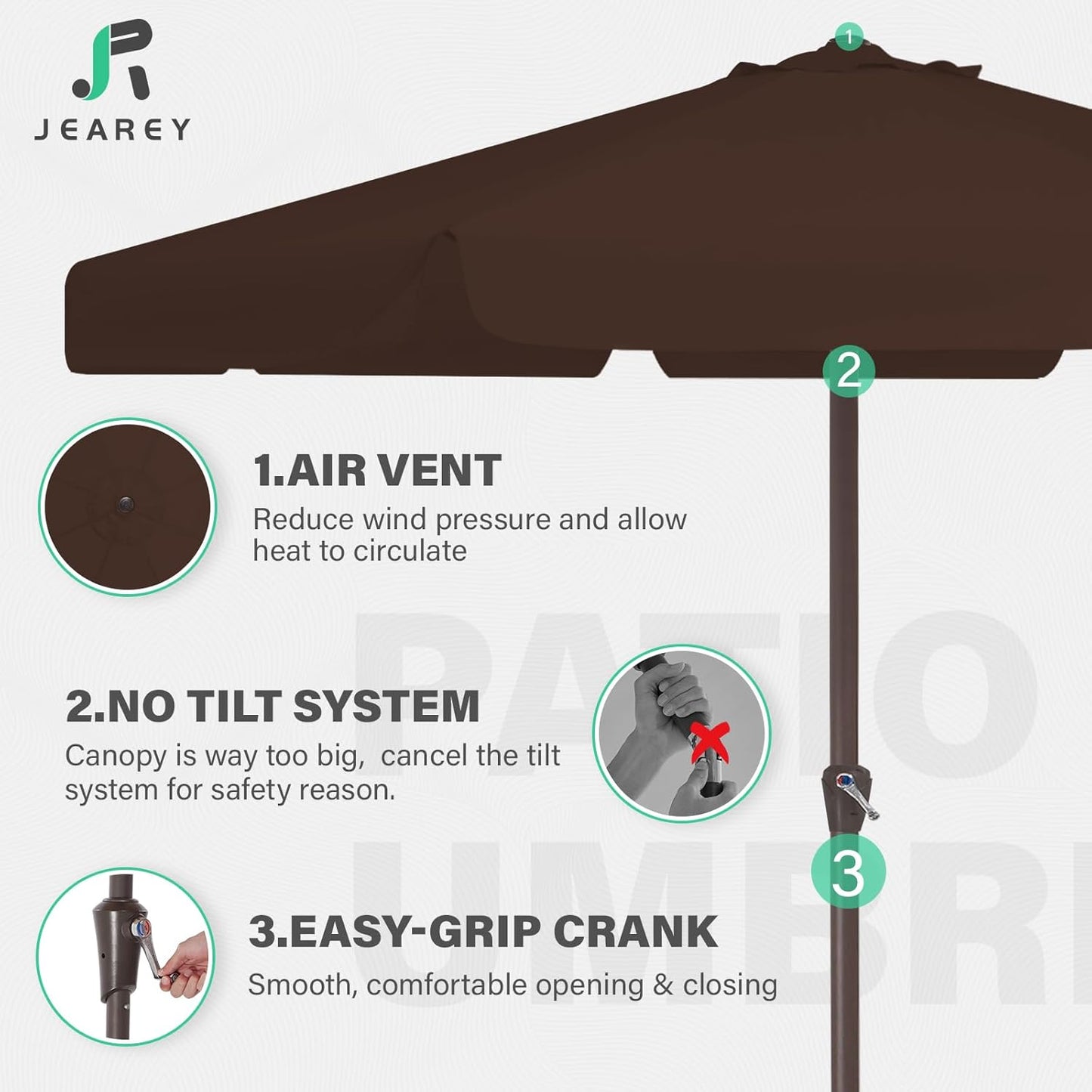 JEAREY 12' Patio Umbrellas Outdoor Table Market Umbrella w/Crank, 8 Sturdy Ribs, UV Protection Waterproof Sunproof(Brown)
