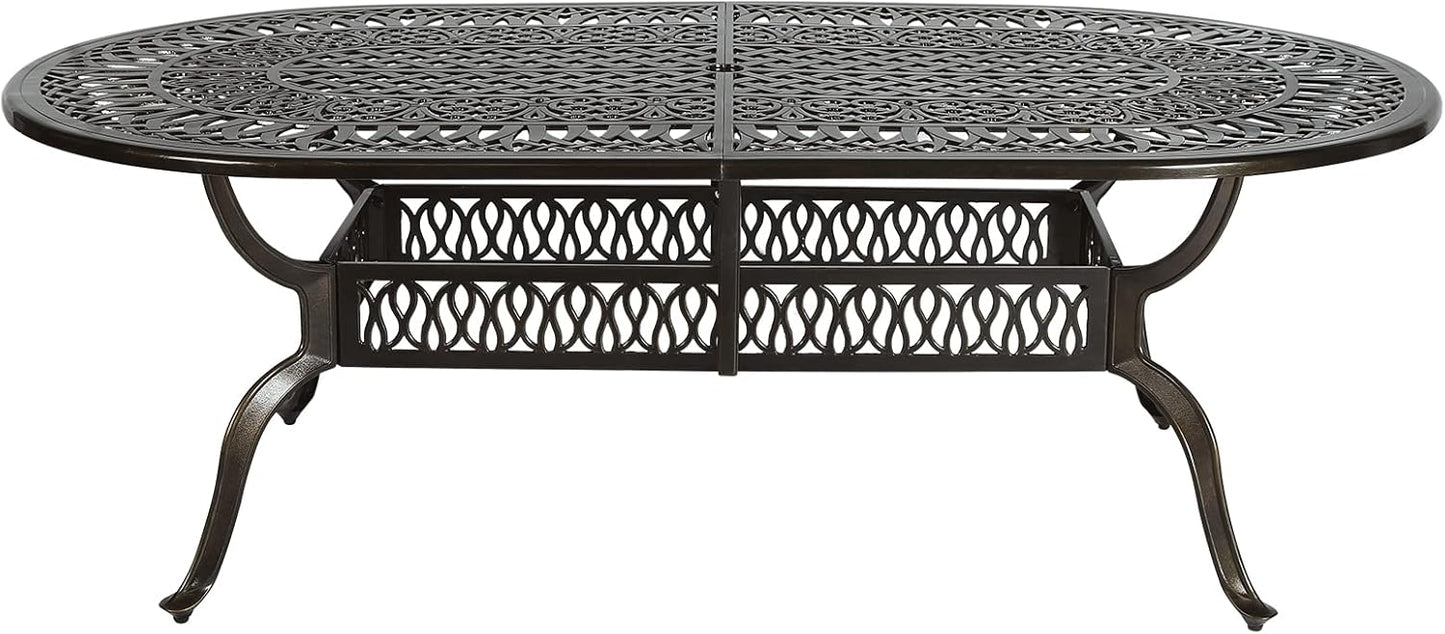 VIVIJASON Large Patio Dining Table, Outdoor Oval Dining Table Fits for 6-8 Person, Bronze Cast Aluminum Rustic Patio Table with Umbrella Hole for Balcony, Porch and Deck