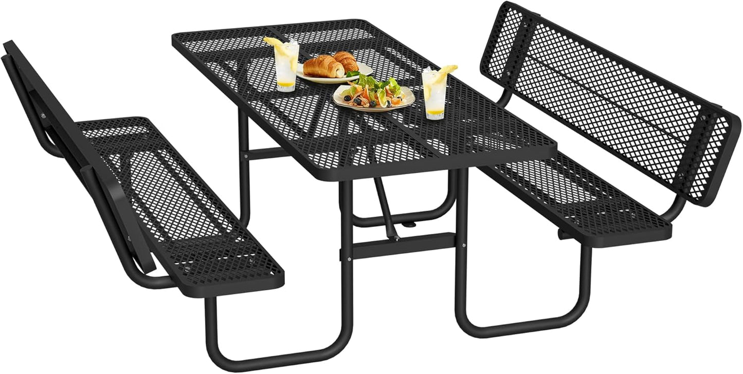 72" Outdoor Expanded Metal Picnic Table with Backrest, Heavy Duty Rectangular Patio Table with Umbrella Hole for BBQ Lawn Park Backyard Garden Commercial, Thermoplastic Coating, Blue