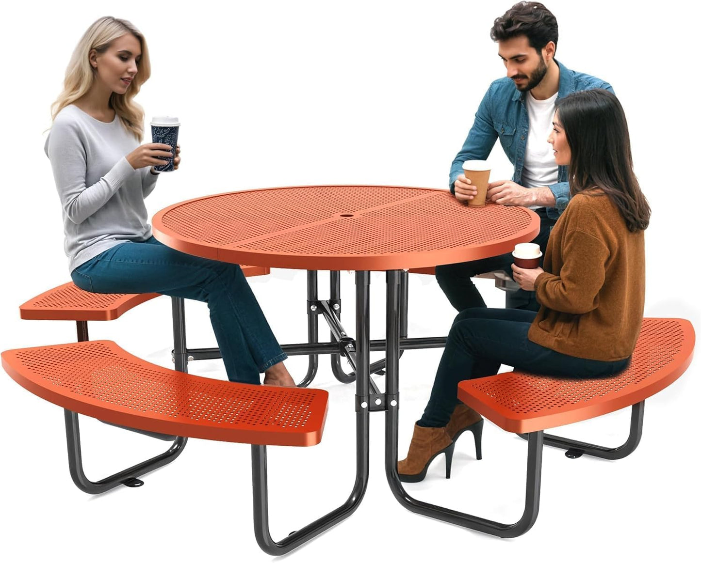 72" Picnic Table for Outdoors, Metal Picnic Table with 2 Built-in Benches, 1 Umbrella Pole, Heavy-Duty Structure for Patio, Garden, Courtyard and BBQ, Blue