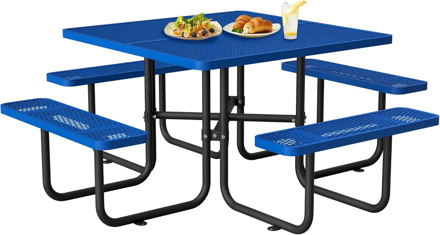 46" Round Metal Picnic Tables for Outdoors with Umbrella Hole Stainless Steel Commercial Grade Table with Seats, 8 Person Open Air Top Round Portable Outdoor Patio Picnic Table Furniture, Blue