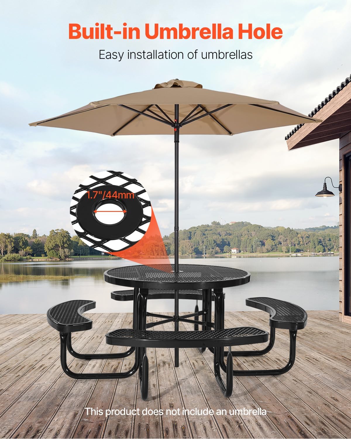 VEVOR Heavy-Duty Picnic Table, Outdoor Furniture Weather Resistant Patio Dining Set, Coated Steel Tables with Umbrella Hole, 46" Round Table and Bench Set, for Garden, Backyard, Porch (Black)