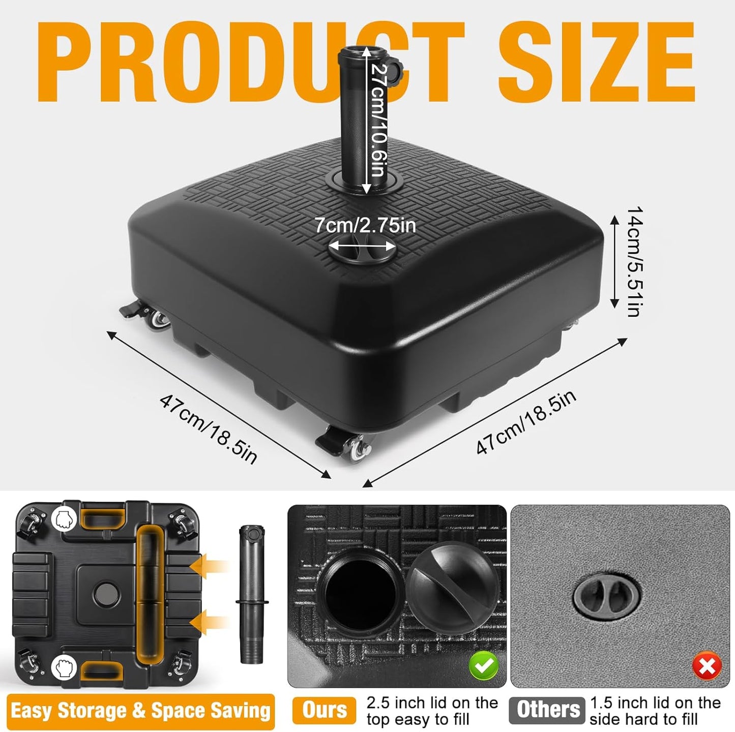 Umbrella Base Outdoor Patio Umbrella Stand with Wheels Fillable 125lb Heavy Duty Mobile Base Weighted Rolling Stand - Black