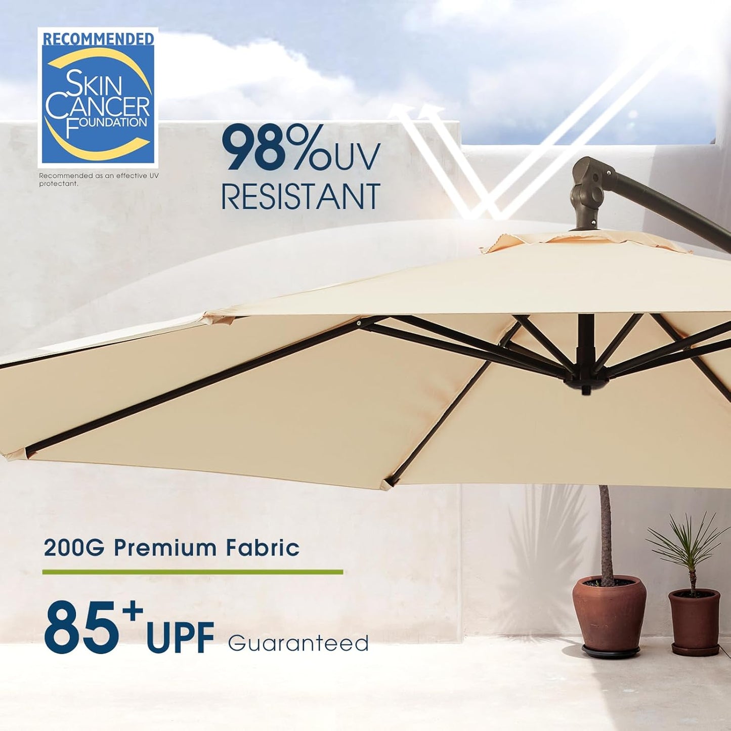 wikiwiki 10ft Patio Umbrellas Offset Outdoor Cantilever Hanging Umbrella w/Infinite Tilt, Fade Resistant Waterproof Recycled Fabric Canopy for Yard, Garden & Deck, Beige