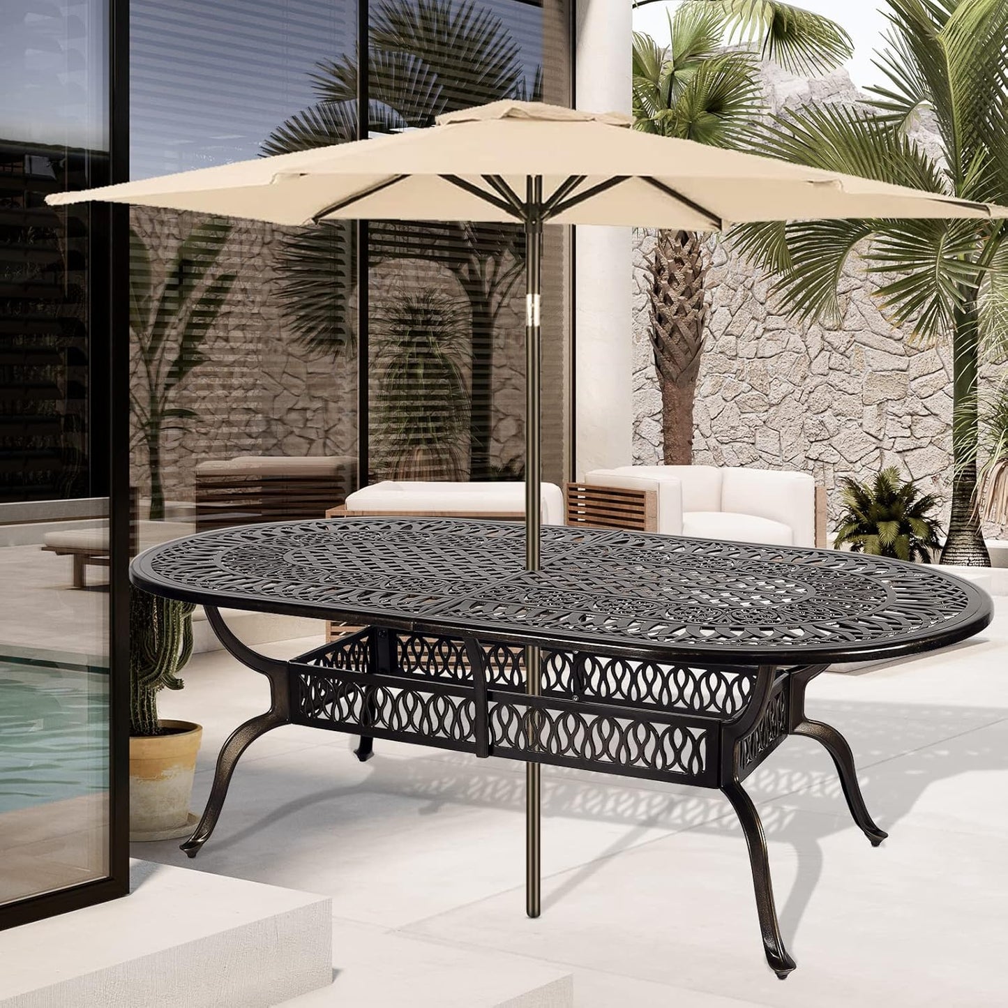 VIVIJASON Large Patio Dining Table, Outdoor Oval Dining Table Fits for 6-8 Person, Bronze Cast Aluminum Rustic Patio Table with Umbrella Hole for Balcony, Porch and Deck