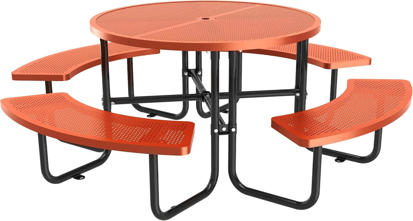46" Round Metal Picnic Tables for Outdoors with Umbrella Hole Stainless Steel Commercial Grade Table with Seats, 8 Person Open Air Top Round Portable Outdoor Patio Picnic Table Furniture, Blue