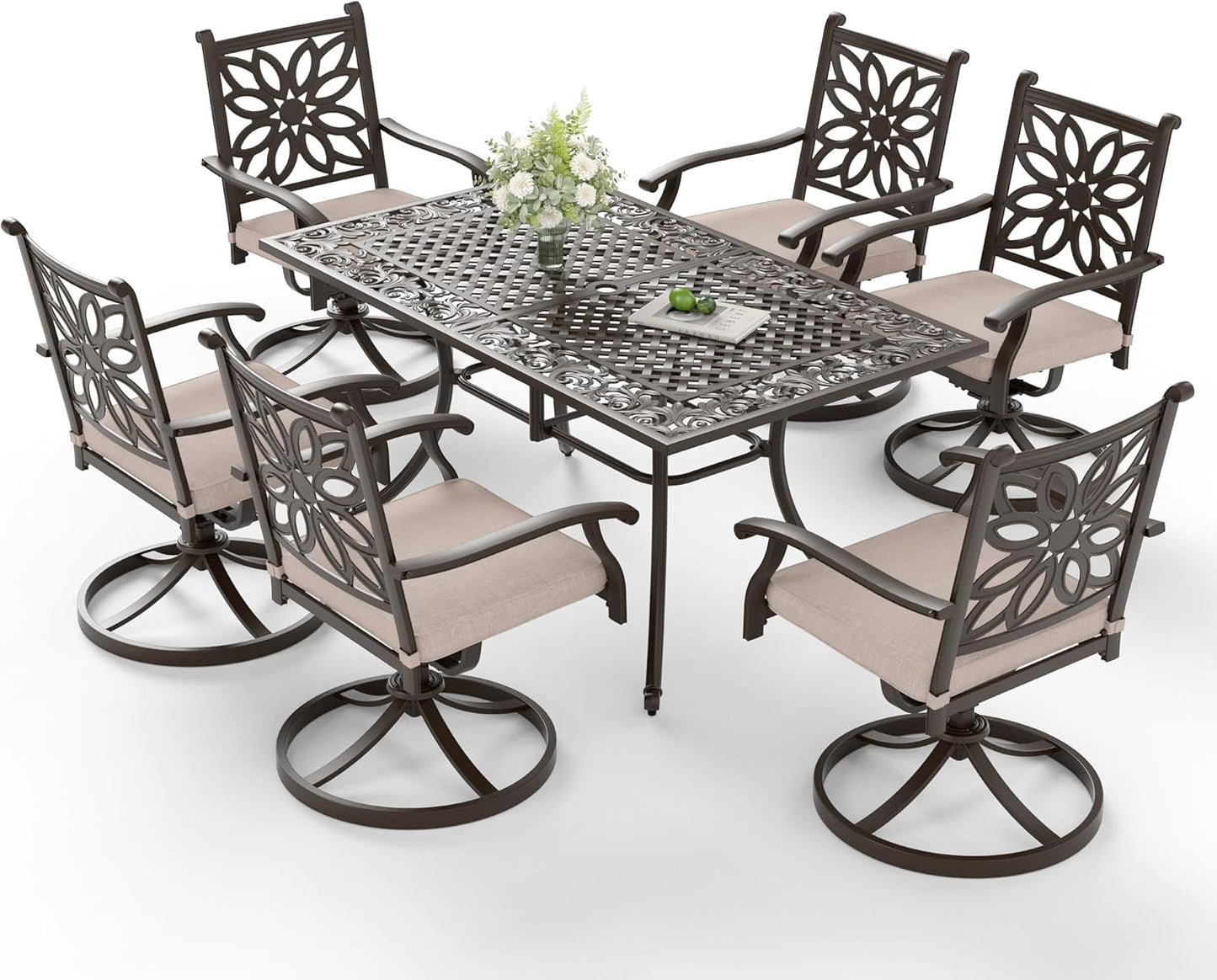 Sophia & William Outdoor Dining Table 6-Person Round Cast Aluminium, Patio Bistro Table with 2.2" Umbrella Hole for Porch Backyard, Bronze