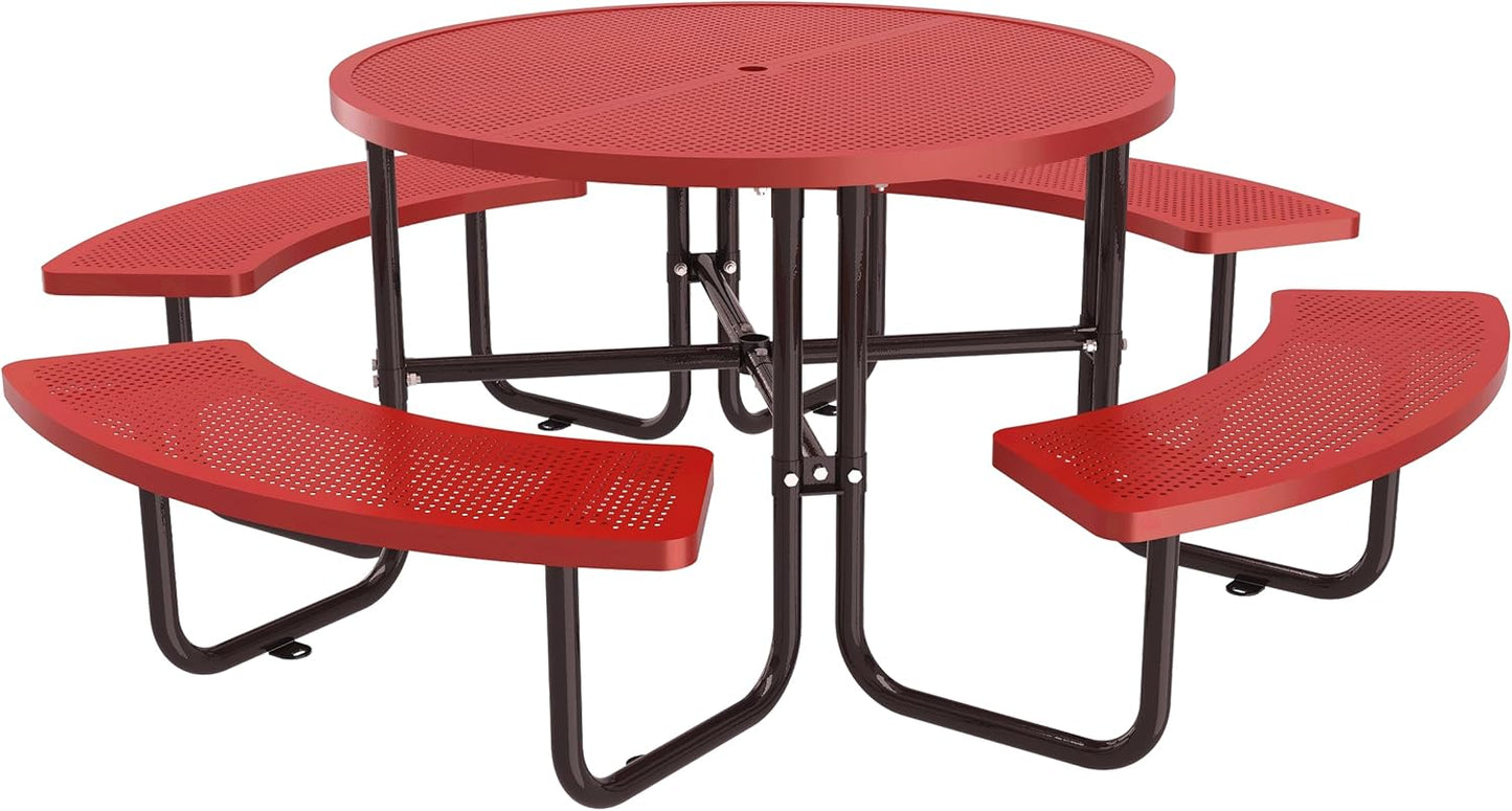 46" Round Metal Picnic Tables for Outdoors with Umbrella Hole Stainless Steel Commercial Grade Table with Seats, 8 Person Open Air Top Round Portable Outdoor Patio Picnic Table Furniture, Blue