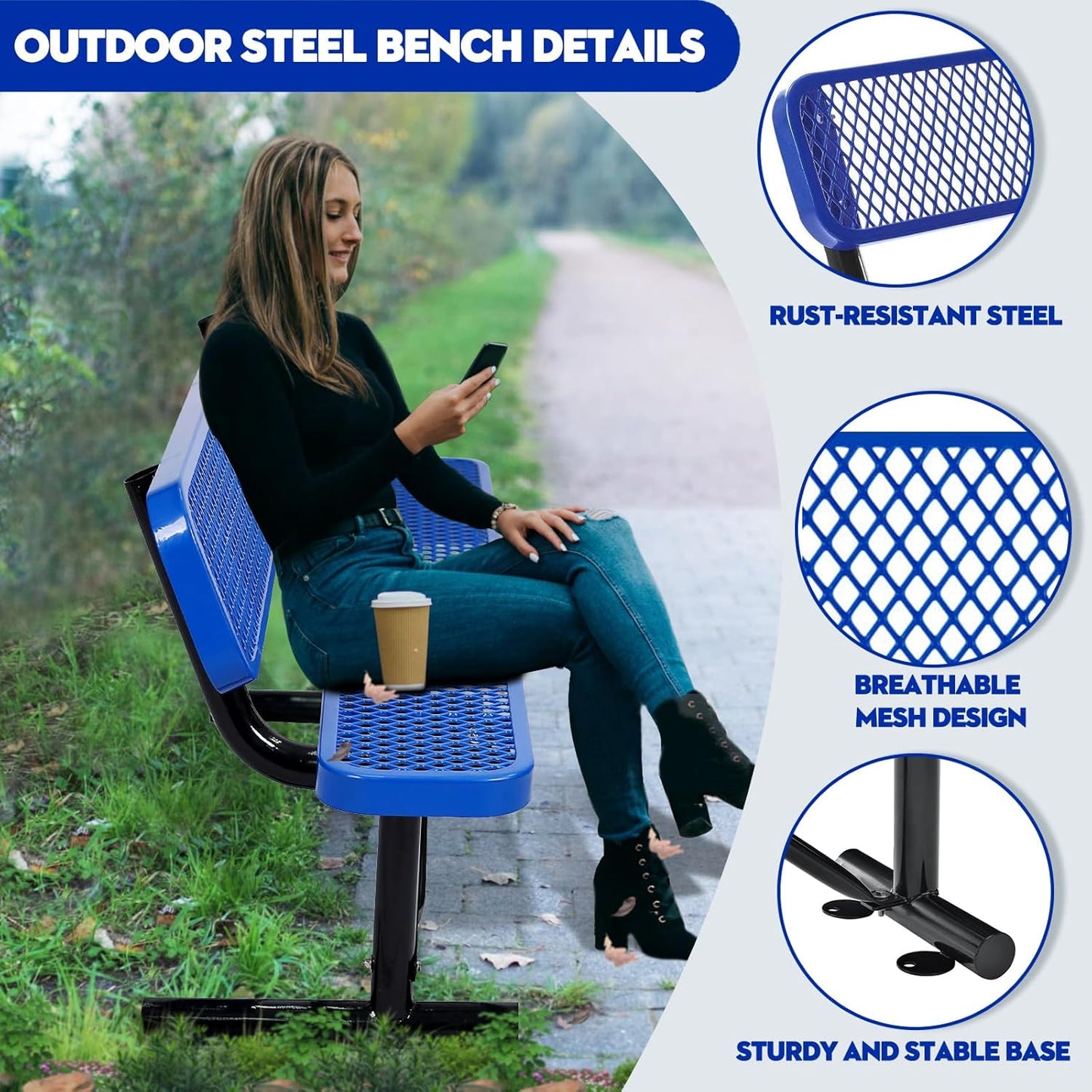 Heavy Duty Park Bench with Back Portable Frame, Outdoor Metal Park Bench with Backrest, Steel Mesh Outdoor Bench for Garden, Lawn, Patio, Porch, Park, Yard (Blue, 94.1" D x 23.2" W x 32.5" H)
