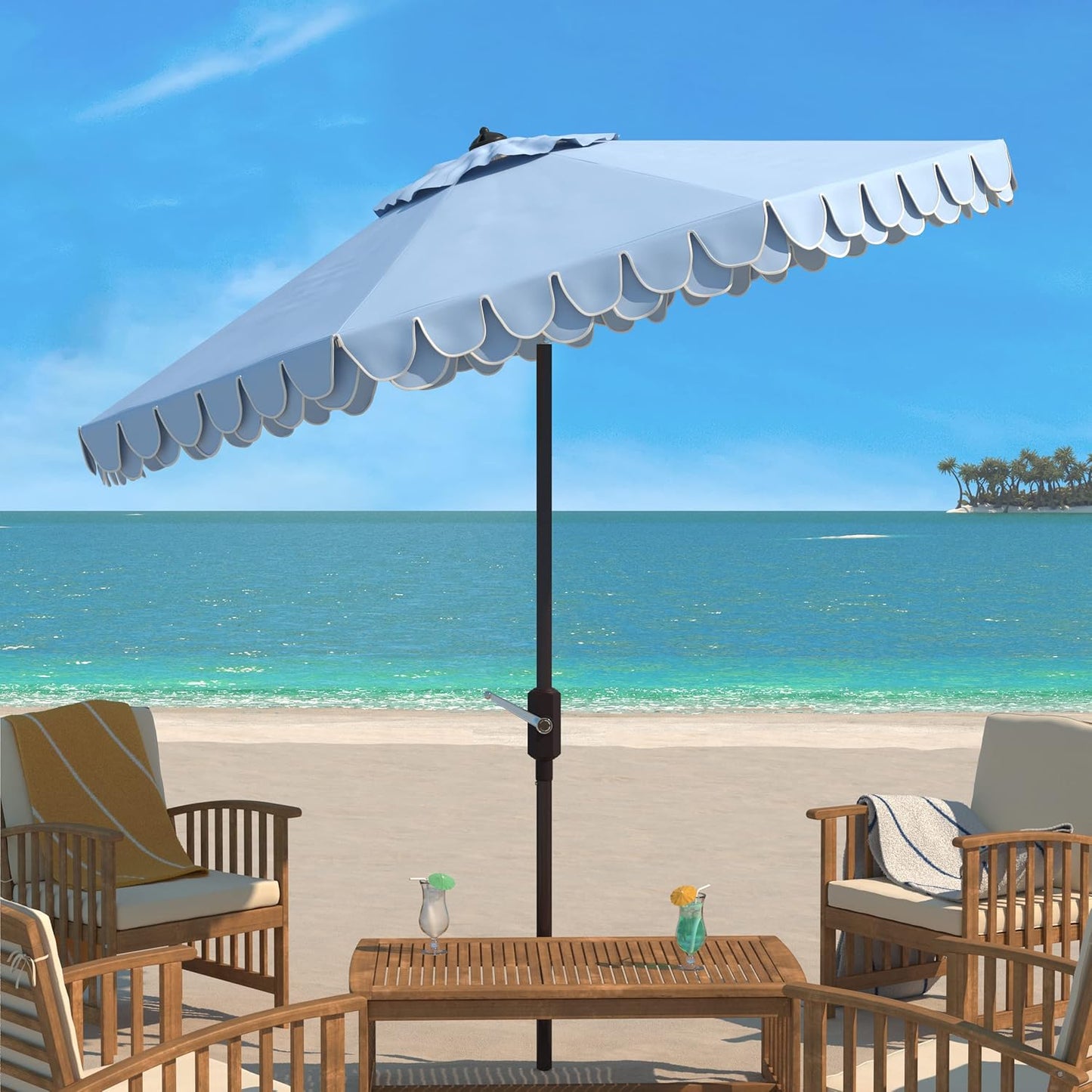 SAFAVIEH PAT8006A Outdoor Collection Elegant Valance Auto Tilt Umbrella, 9', Navy/White