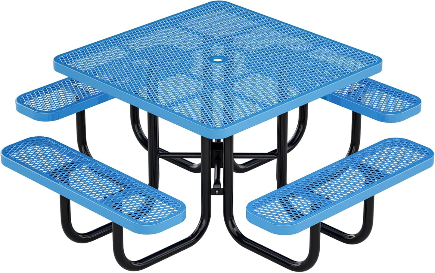 47'' Heavy Duty Picnic Round Table with Umbrella Hole, Expanded Meta Outdoor Metal Patio Dining Table Park Bench Set, Steel Mesh Outdoor Patio Furniture for Garden, Lawn, Patio, Porch, Park, Yard