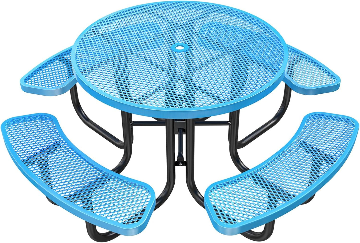 47'' Heavy Duty Picnic Round Table with Umbrella Hole, Expanded Meta Outdoor Metal Patio Dining Table Park Bench Set, Steel Mesh Outdoor Patio Furniture for Garden, Lawn, Patio, Porch, Park, Yard