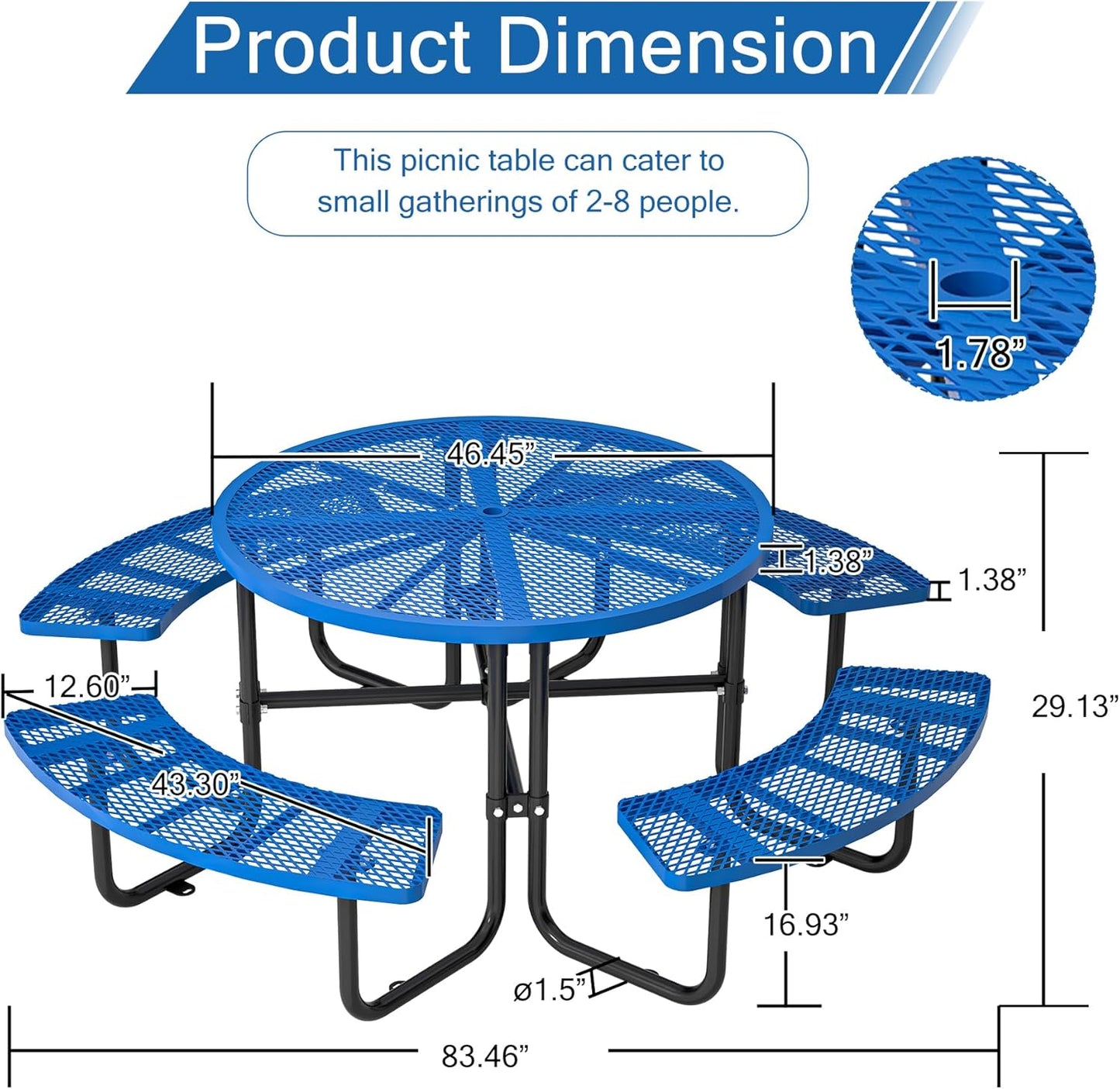 46" Round Metal Picnic Tables for Outdoors with Umbrella Hole Stainless Steel Commercial Grade Table with Seats, 8 Person Open Air Top Round Portable Outdoor Patio Picnic Table Furniture, Blue