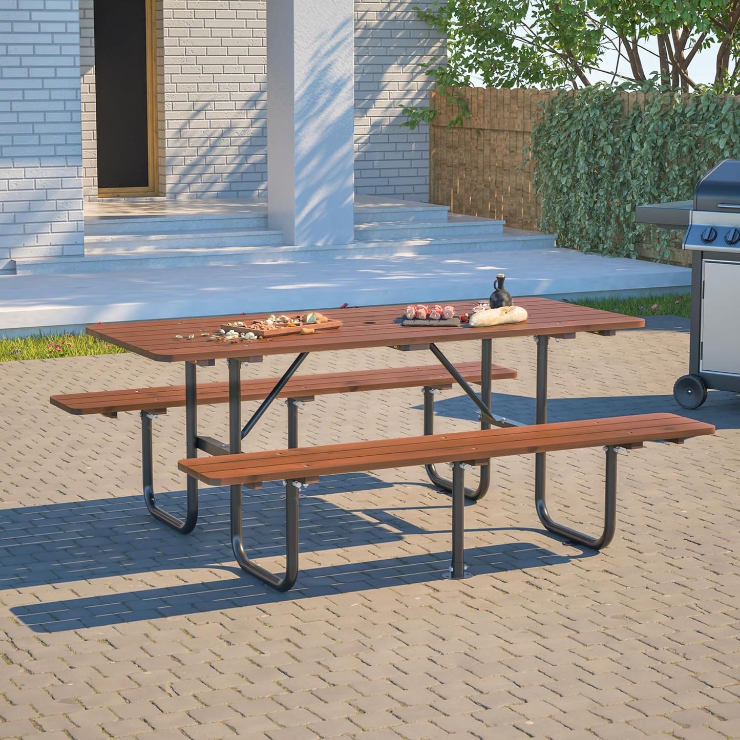 72" Picnic Table for Outdoors, Metal Picnic Table with 2 Built-in Benches, 1 Umbrella Pole, Heavy-Duty Structure for Patio, Garden, Courtyard and BBQ, Blue