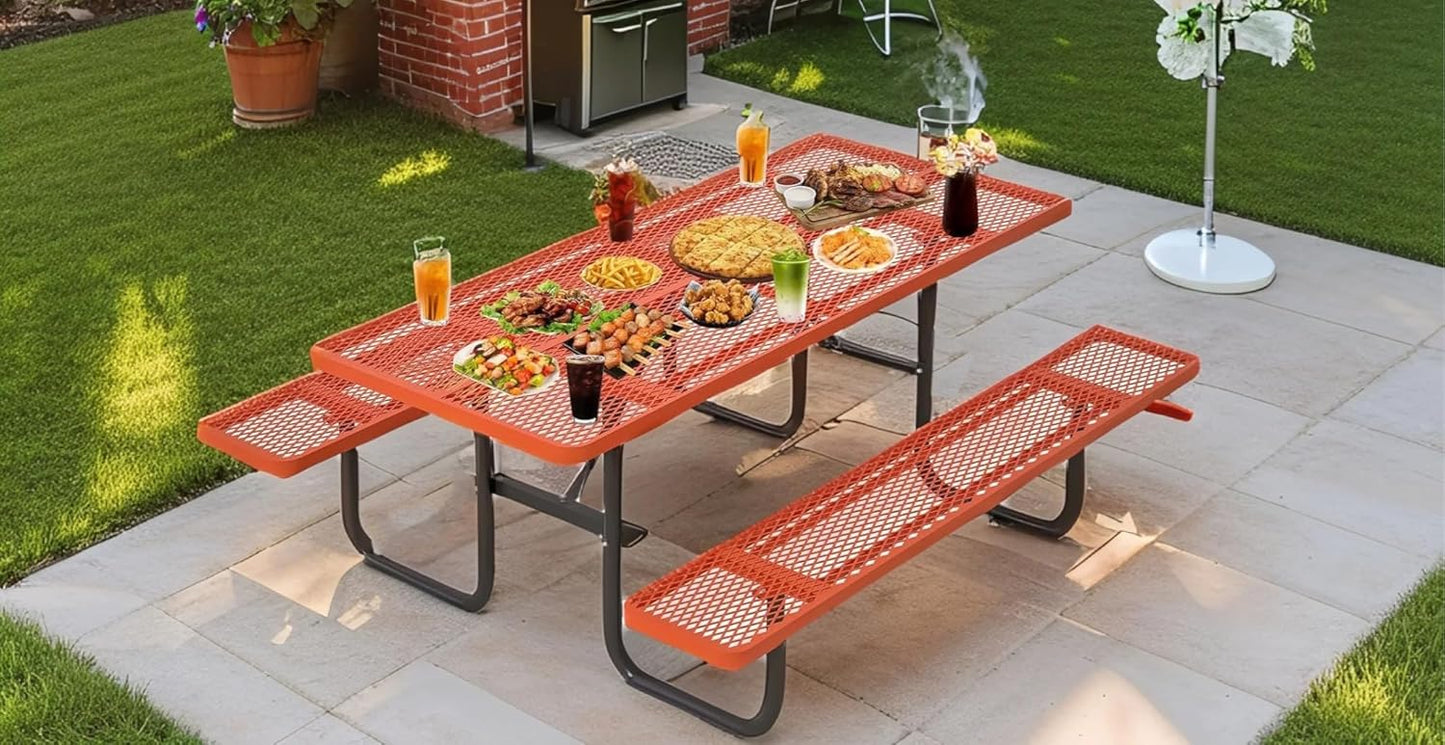 72" Picnic Table for Outdoors, Metal Picnic Table with 2 Built-in Benches, 1 Umbrella Pole, Heavy-Duty Structure for Patio, Garden, Courtyard and BBQ, Blue