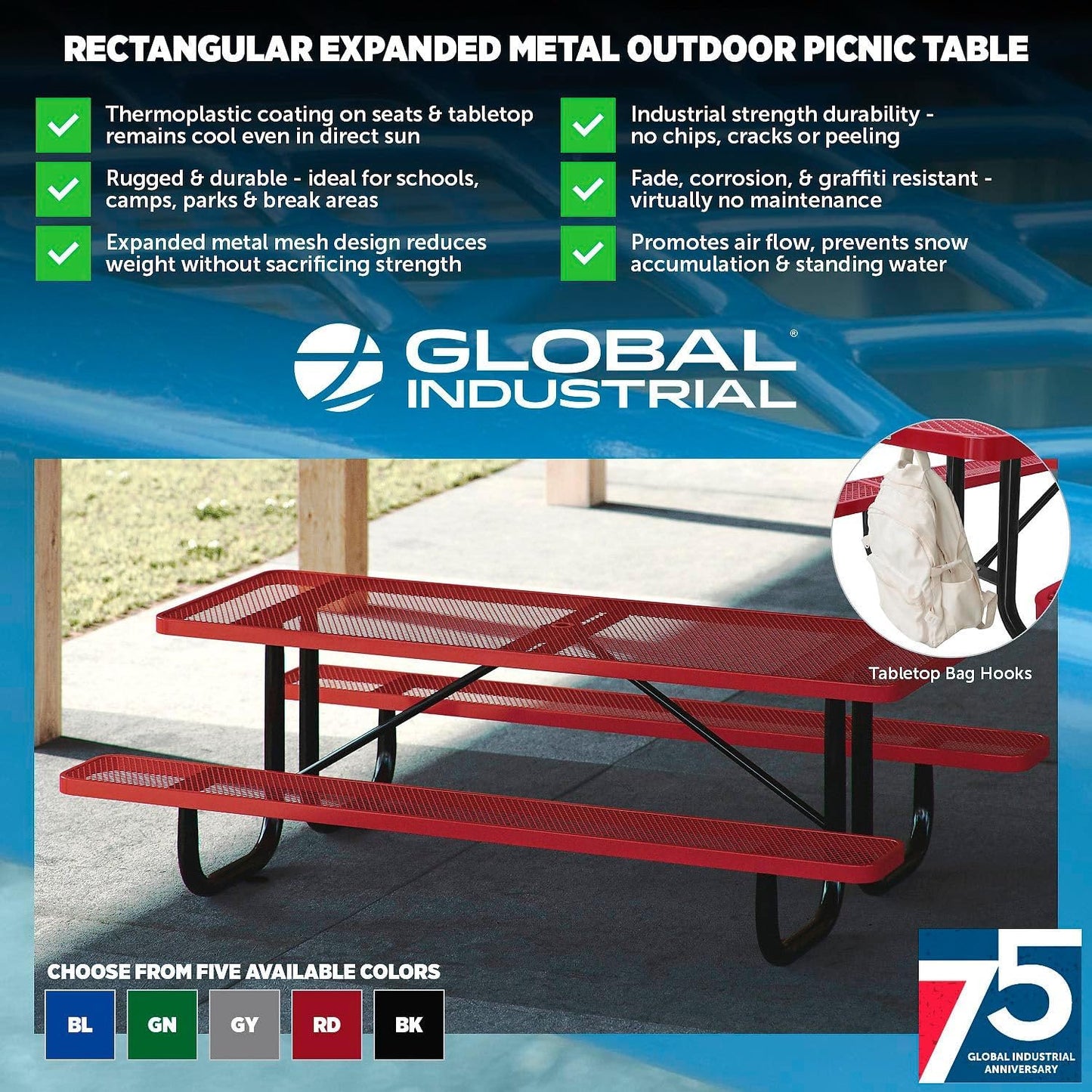 Global Industrial 8’L Rectangular Picnic Table, Expanded Metal, Green Thermoplastic Coating, Attached Benches, 1-1/2” Umbrella Pole Hole, Outdoor-Rated, 1000 lb Capacity, 96” x 30” Tabletop