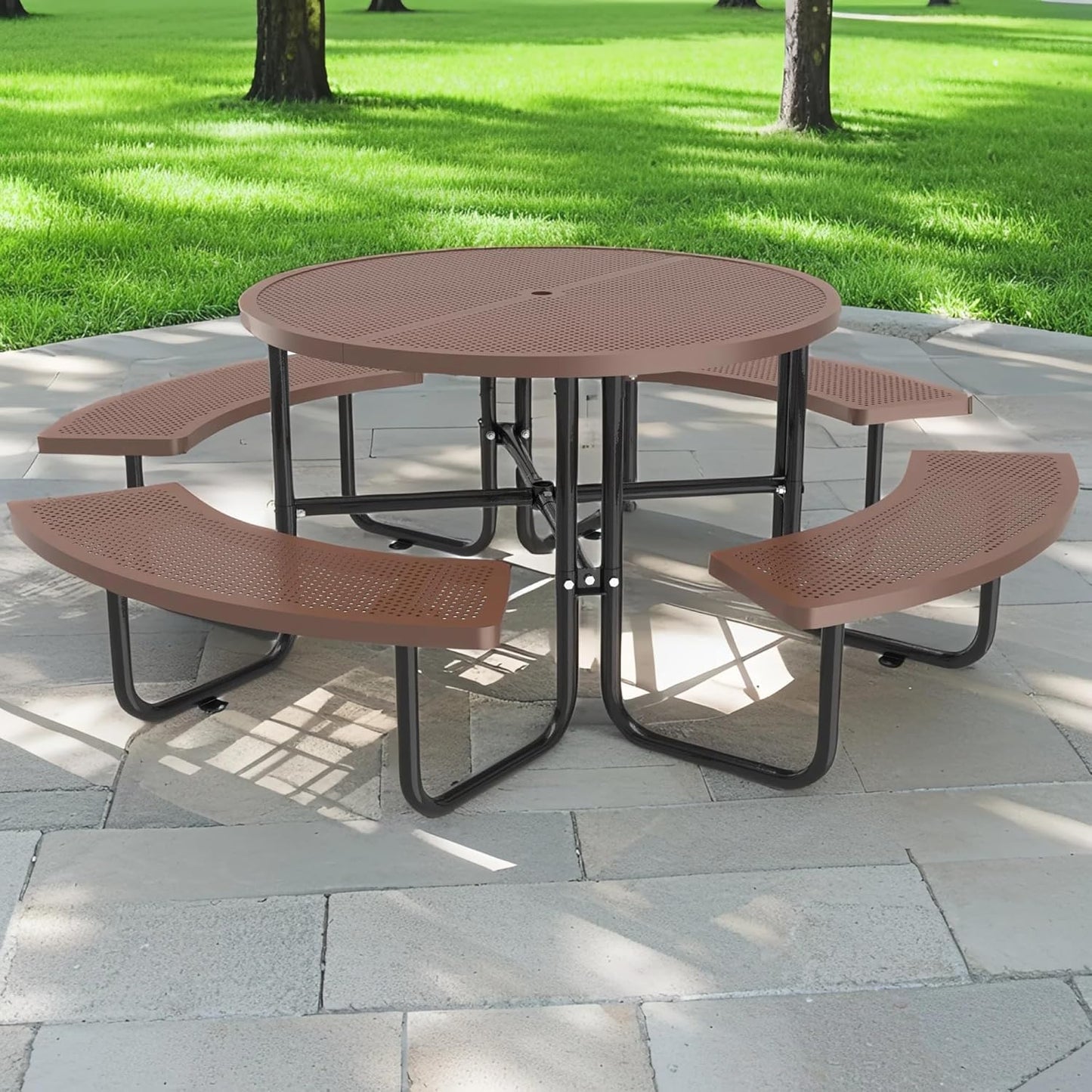 72" Picnic Table for Outdoors, Metal Picnic Table with 2 Built-in Benches, 1 Umbrella Pole, Heavy-Duty Structure for Patio, Garden, Courtyard and BBQ, Blue