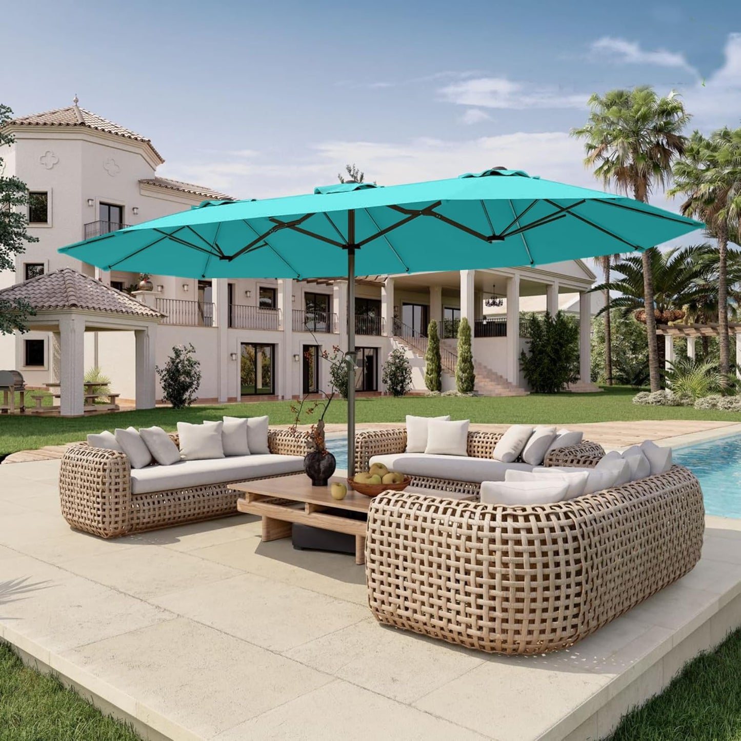 15FT Double Sided Patio Umbrella with Base Included Large Outdoor Market Umbrella with Crank Handle, UV Resistant Canopy, Sturdy Frame for Garden, Poolside, Deck, Creamy White