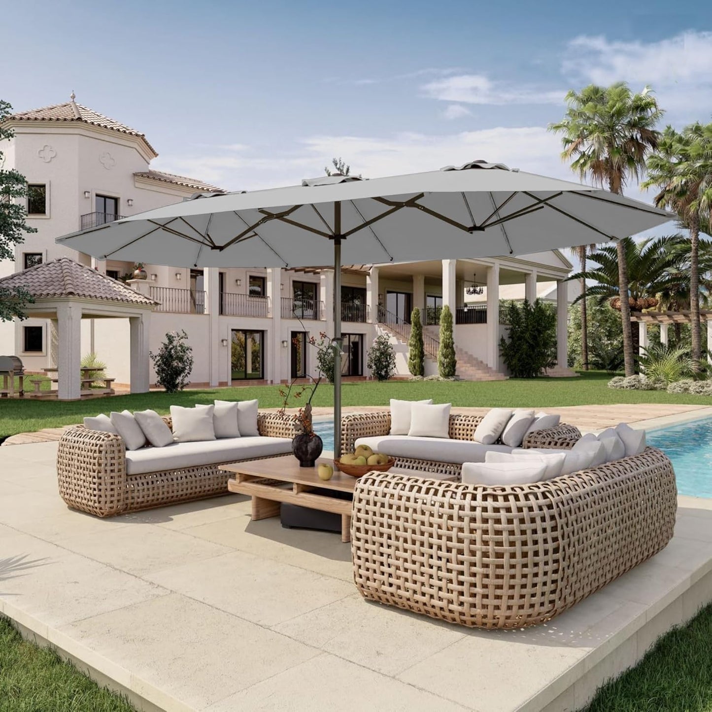 15FT Double Sided Patio Umbrella with Base Included Large Outdoor Market Umbrella with Crank Handle, UV Resistant Canopy, Sturdy Frame for Garden, Poolside, Deck, Creamy White