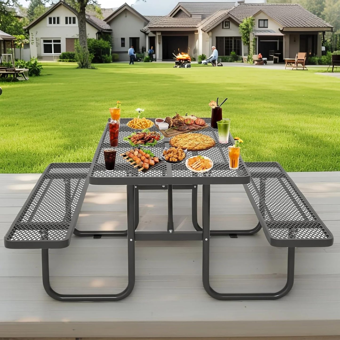 72" Picnic Table for Outdoors, Metal Picnic Table with 2 Built-in Benches, 1 Umbrella Pole, Heavy-Duty Structure for Patio, Garden, Courtyard and BBQ, Blue