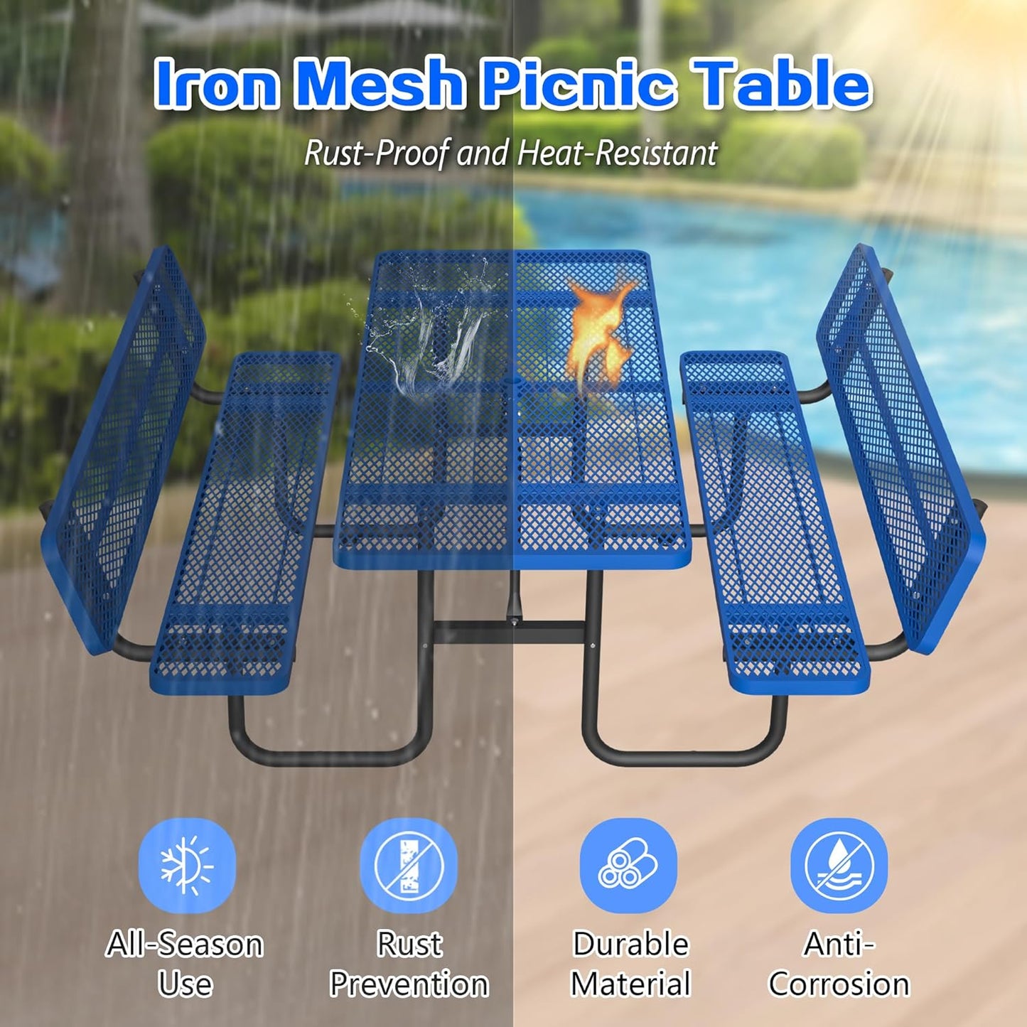 72" Outdoor Expanded Metal Picnic Table with Backrest, Heavy Duty Rectangular Patio Table with Umbrella Hole for BBQ Lawn Park Backyard Garden Commercial, Thermoplastic Coating, Blue
