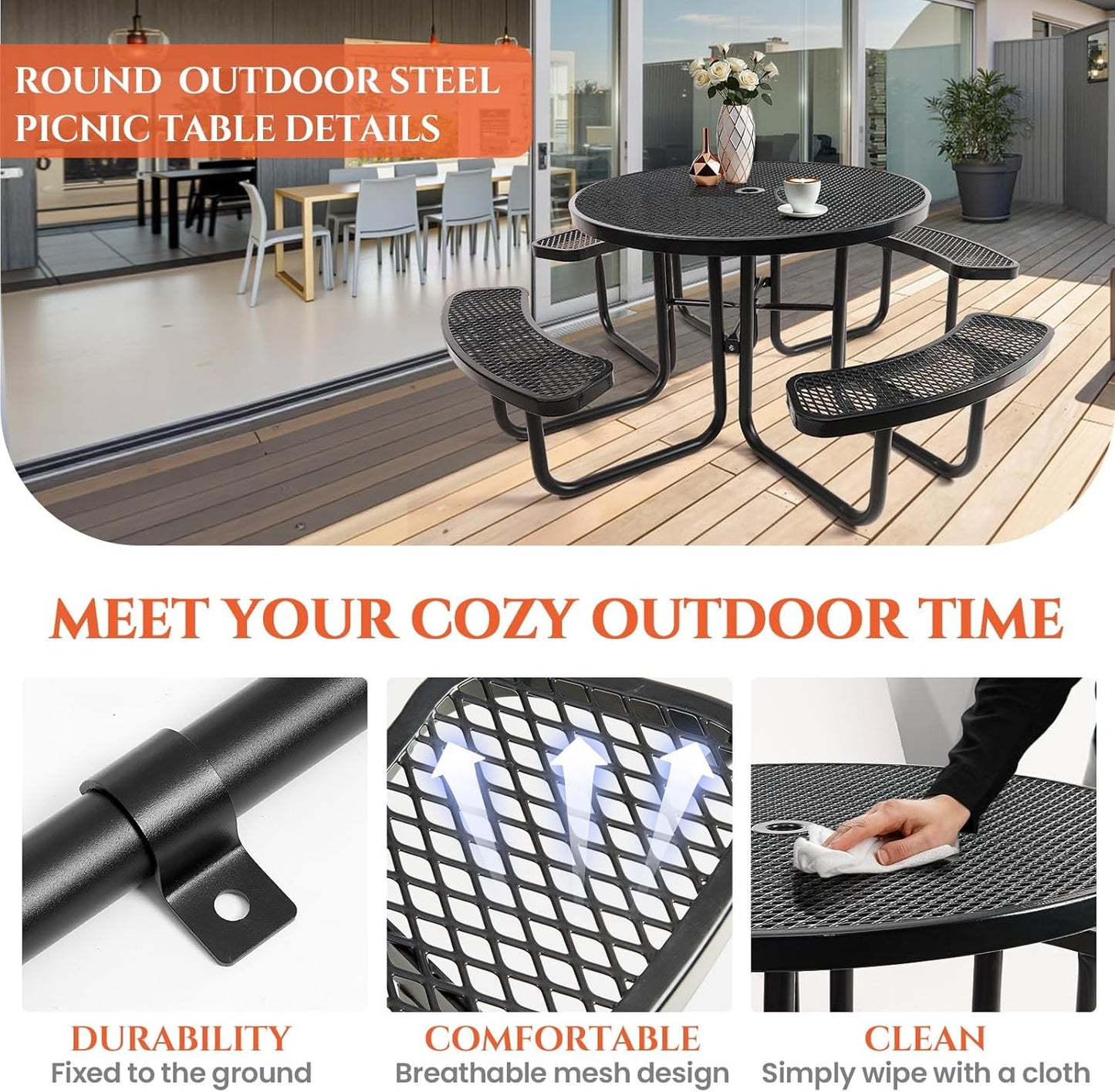 47'' Heavy Duty Picnic Round Table with Umbrella Hole, Expanded Meta Outdoor Metal Patio Dining Table Park Bench Set, Steel Mesh Outdoor Patio Furniture for Garden, Lawn, Patio, Porch, Park, Yard