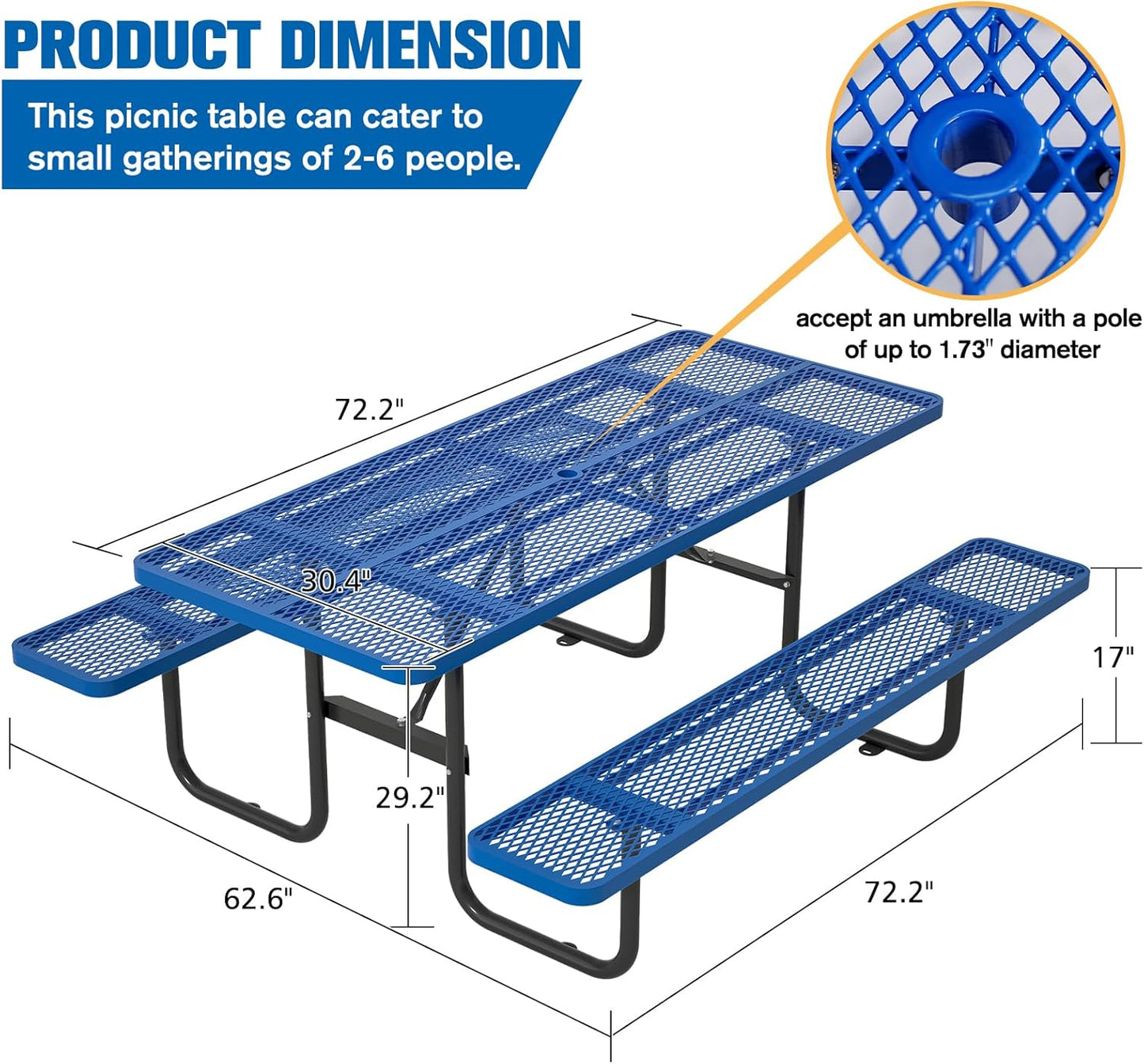 72" Picnic Table for Outdoors, Metal Picnic Table with 2 Built-in Benches, 1 Umbrella Pole, Heavy-Duty Structure for Patio, Garden, Courtyard and BBQ, Blue