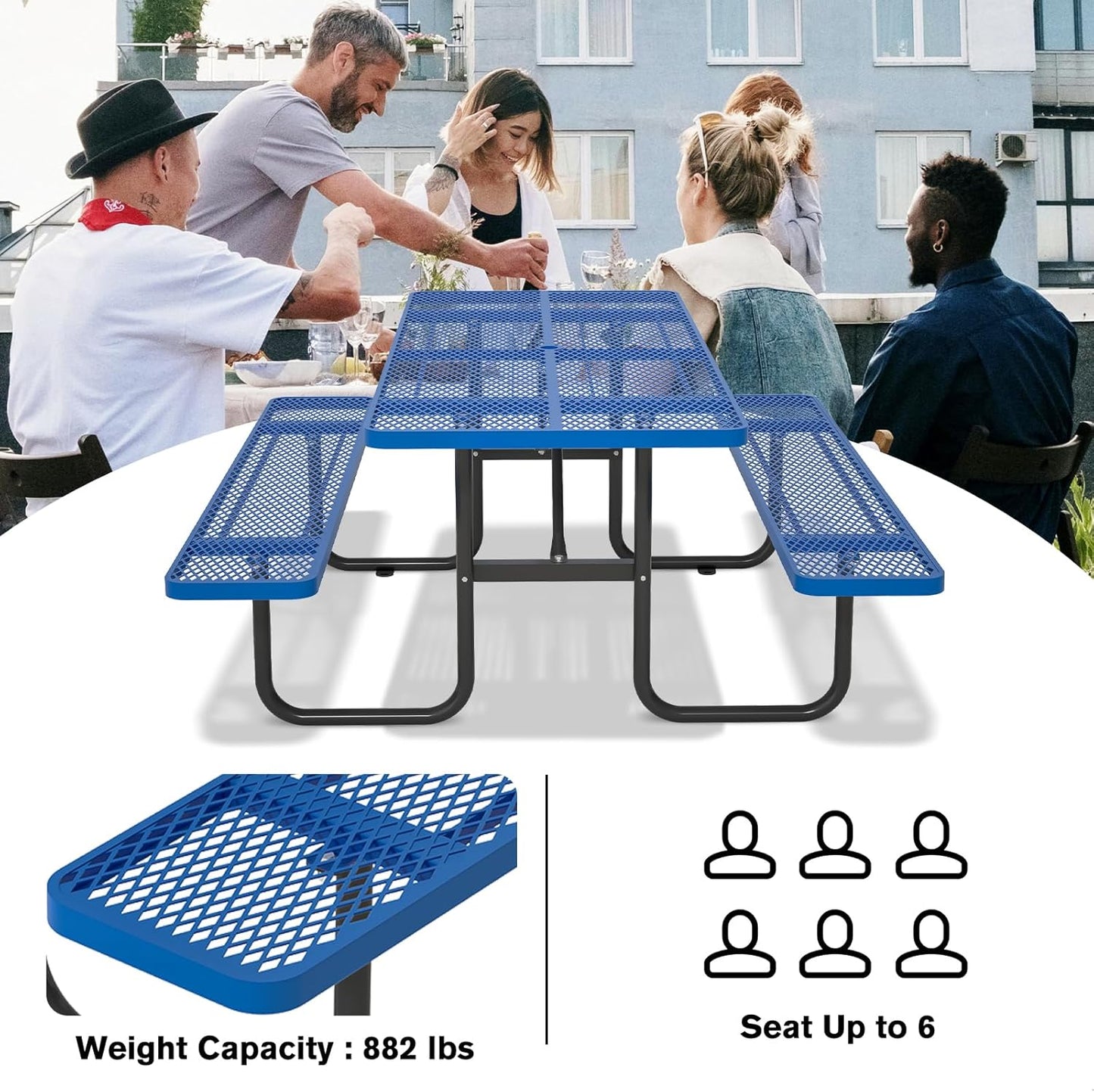 72" Picnic Table for Outdoors, Metal Picnic Table with 2 Built-in Benches, 1 Umbrella Pole, Heavy-Duty Structure for Patio, Garden, Courtyard and BBQ, Blue