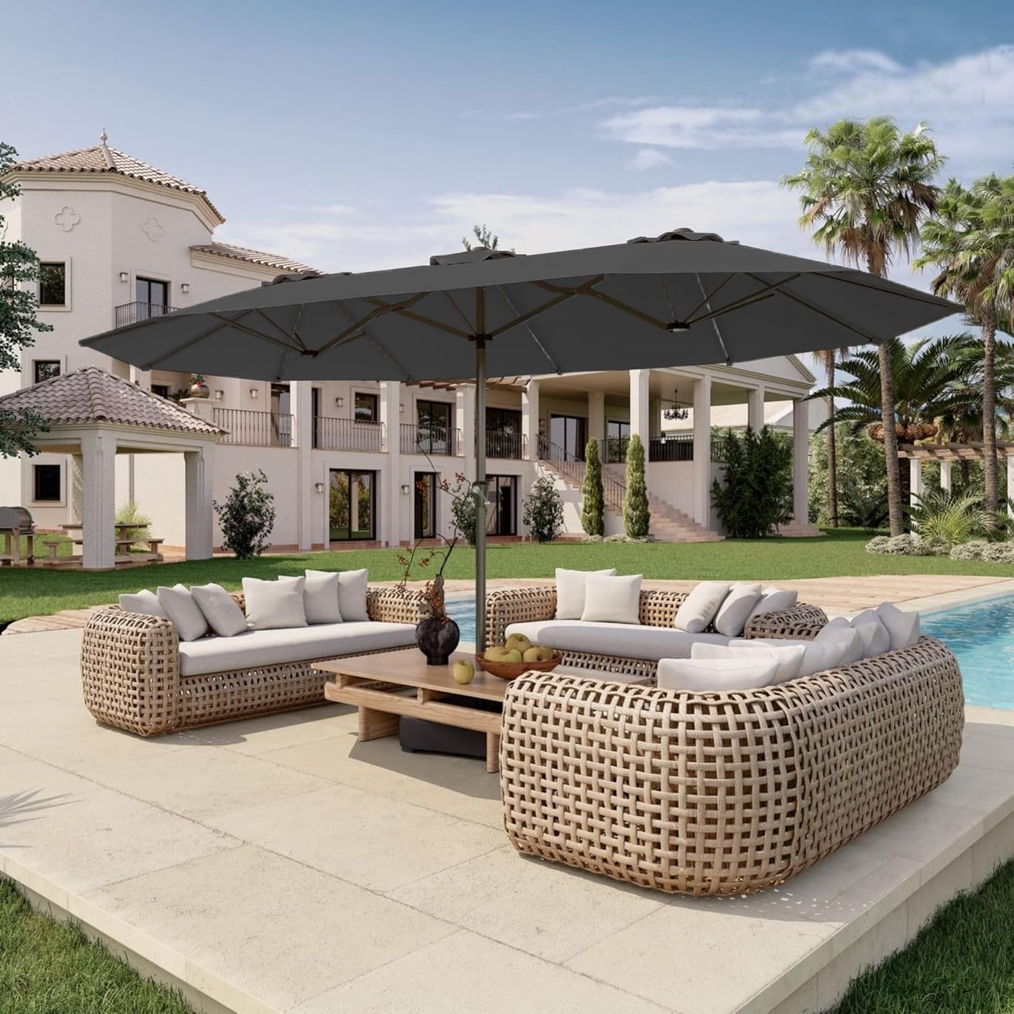 15FT Double Sided Patio Umbrella with Base Included Large Outdoor Market Umbrella with Crank Handle, UV Resistant Canopy, Sturdy Frame for Garden, Poolside, Deck, Creamy White