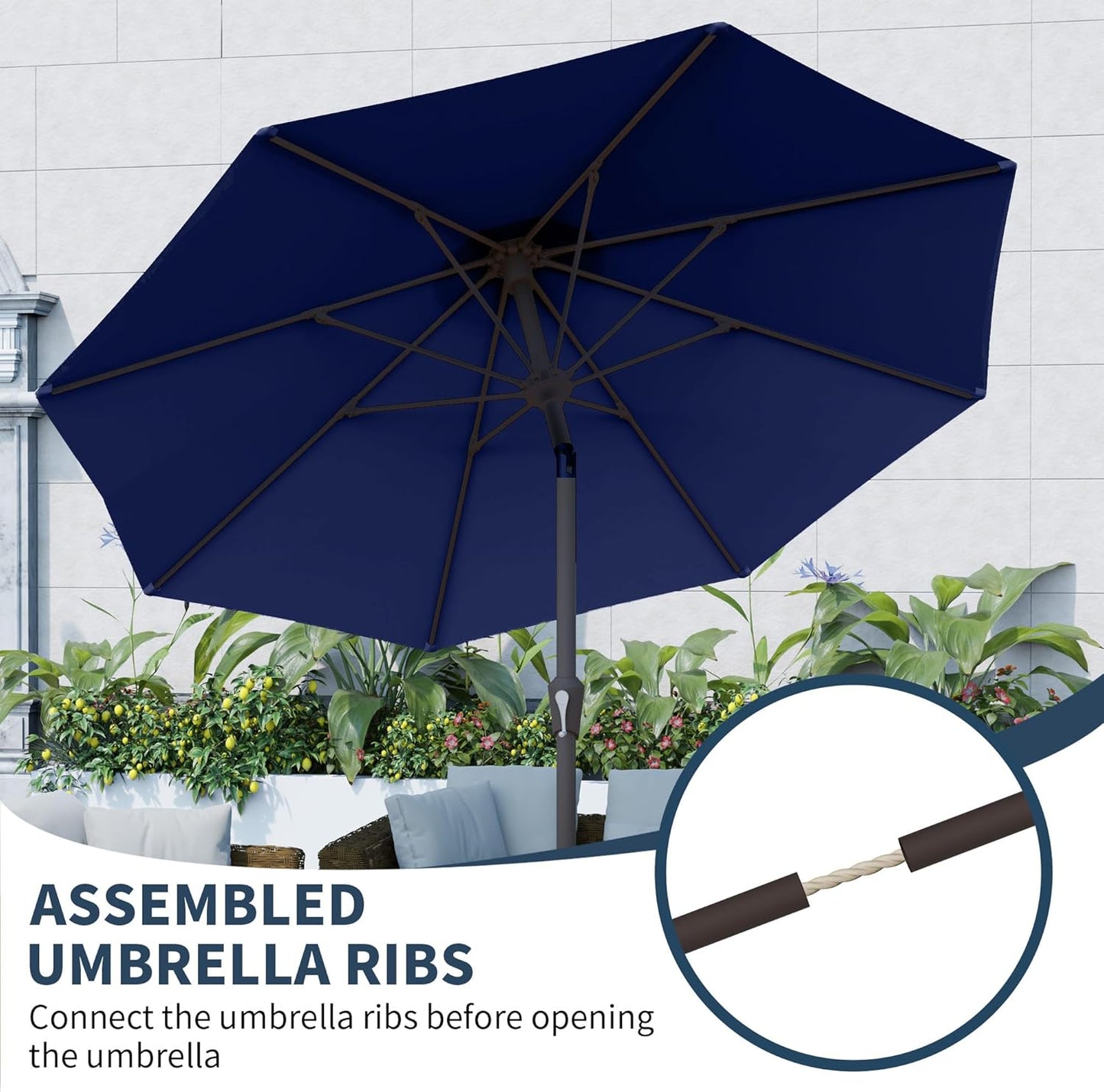 PatioKingdom 10FT Patio Umbrella with Push Button Tilt and Crank, Outdoor Market Umbrella with 8 Fiberglass Ribs, UV Protection Table Umbrella for Pool,Backyard,Garden,Deck(Navy, 10FT)