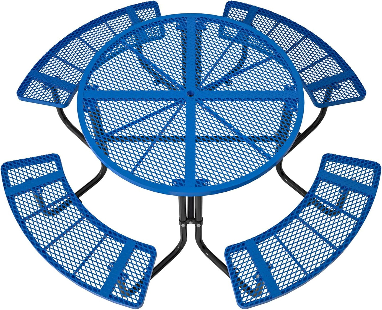 46" Round Metal Picnic Tables for Outdoors with Umbrella Hole Stainless Steel Commercial Grade Table with Seats, 8 Person Open Air Top Round Portable Outdoor Patio Picnic Table Furniture, Blue