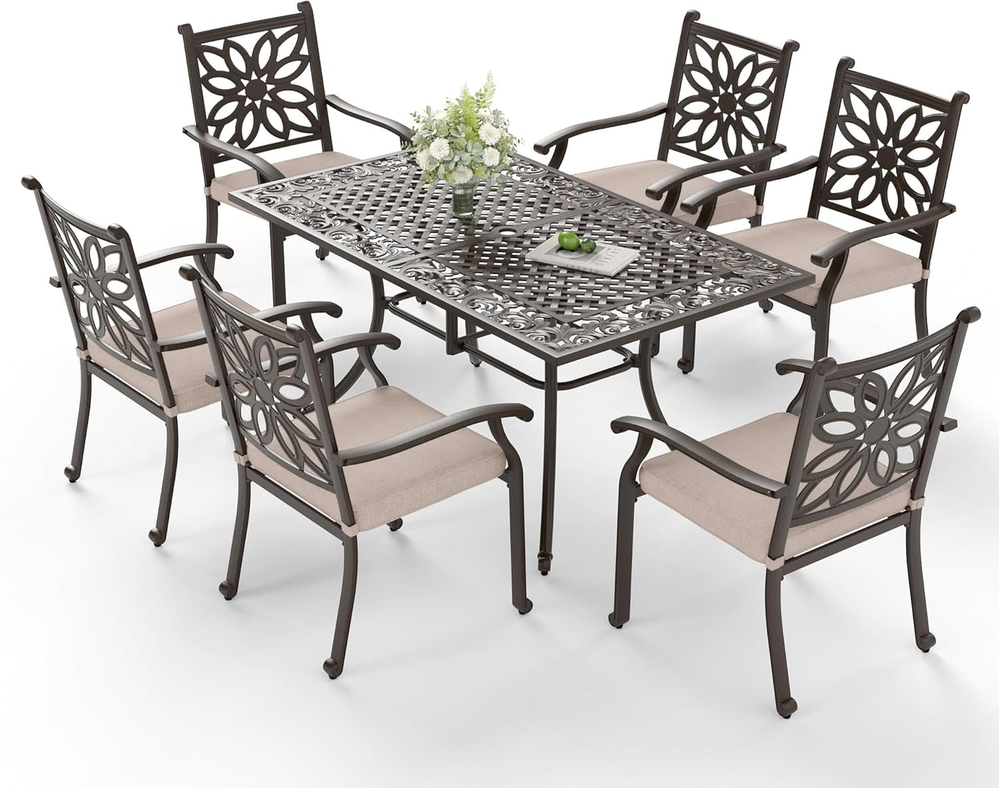Sophia & William Outdoor Dining Table 6-Person Round Cast Aluminium, Patio Bistro Table with 2.2" Umbrella Hole for Porch Backyard, Bronze