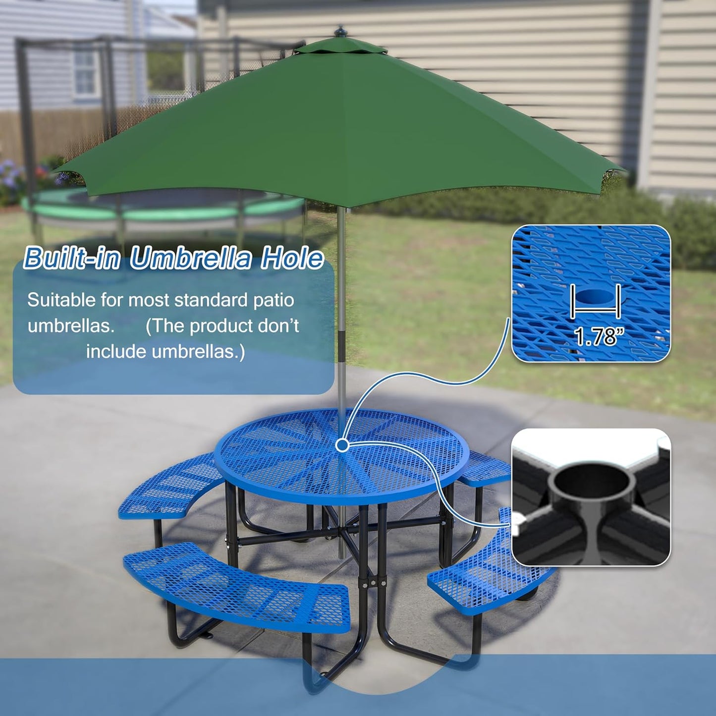 46" Round Metal Picnic Tables for Outdoors with Umbrella Hole Stainless Steel Commercial Grade Table with Seats, 8 Person Open Air Top Round Portable Outdoor Patio Picnic Table Furniture, Blue