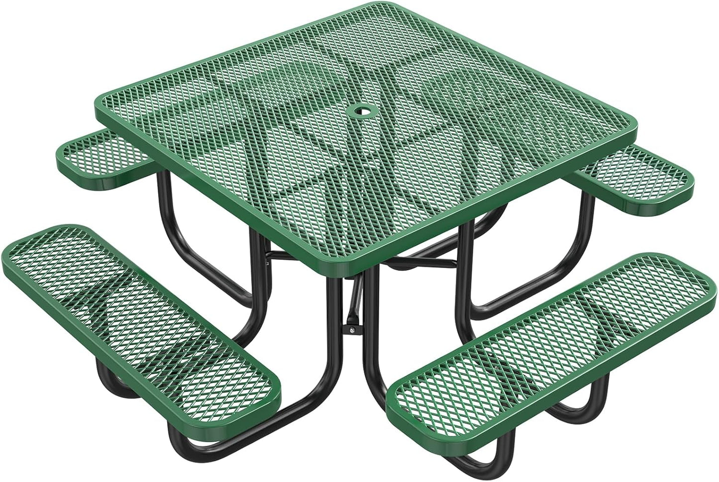 47'' Heavy Duty Picnic Round Table with Umbrella Hole, Expanded Meta Outdoor Metal Patio Dining Table Park Bench Set, Steel Mesh Outdoor Patio Furniture for Garden, Lawn, Patio, Porch, Park, Yard