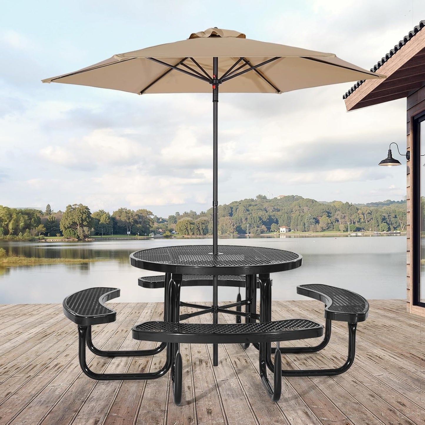 VEVOR Heavy-Duty Picnic Table, Outdoor Furniture Weather Resistant Patio Dining Set, Coated Steel Tables with Umbrella Hole, 46" Round Table and Bench Set, for Garden, Backyard, Porch (Black)