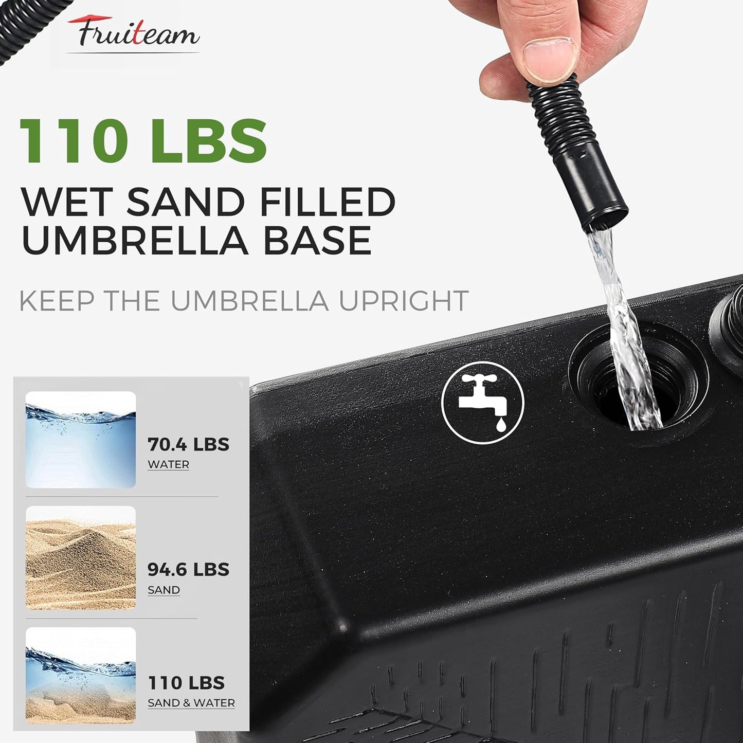 FRUITEAM 110lb Capacity Fillable Portable Umbrella Base with Wheels,Patio Umbrella Base Water & Sand Filled Umbrella Stand for Garden,Outdoor,Deck w/2 Locks,2Knobs