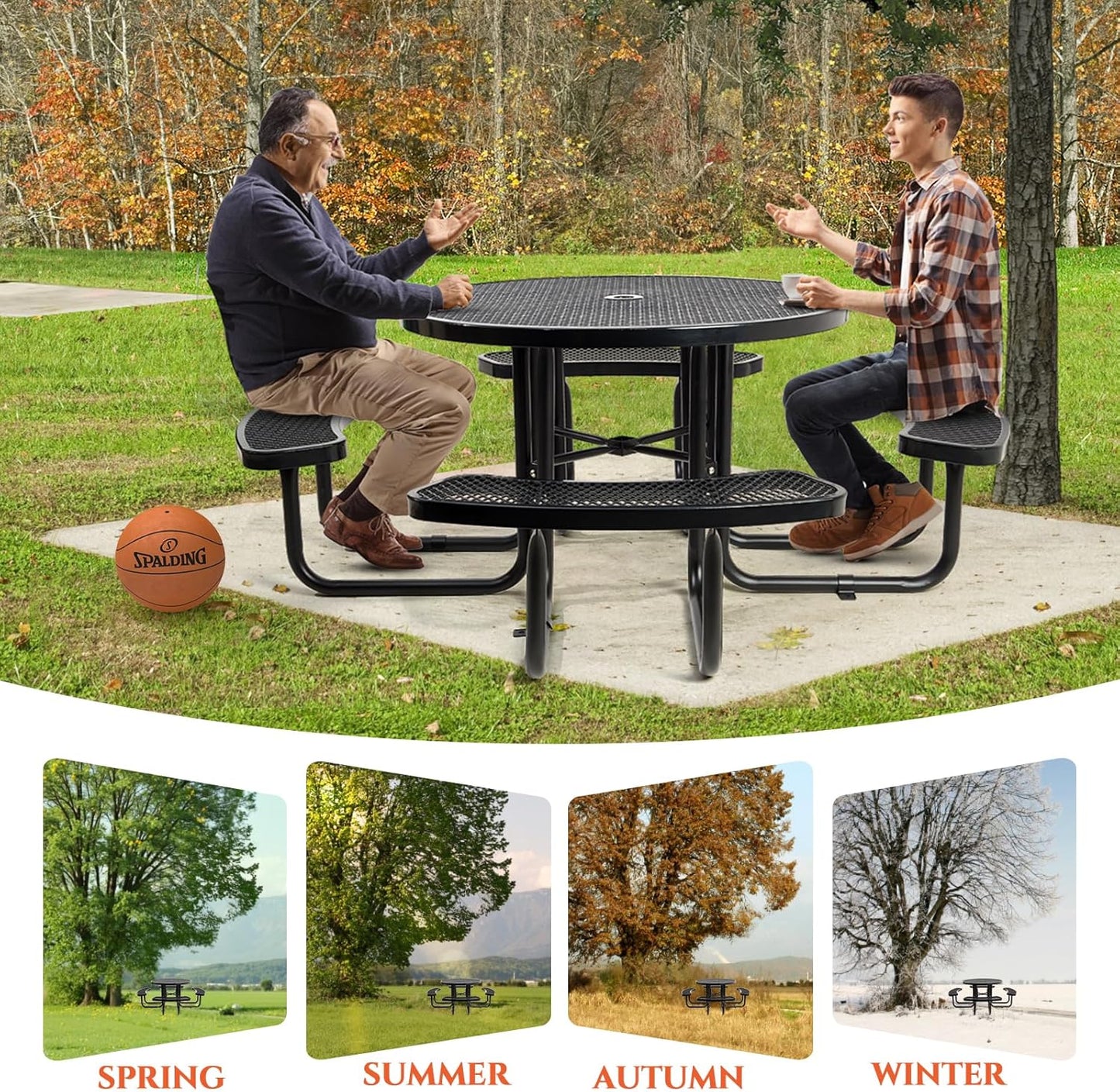 47'' Heavy Duty Picnic Round Table with Umbrella Hole, Expanded Meta Outdoor Metal Patio Dining Table Park Bench Set, Steel Mesh Outdoor Patio Furniture for Garden, Lawn, Patio, Porch, Park, Yard