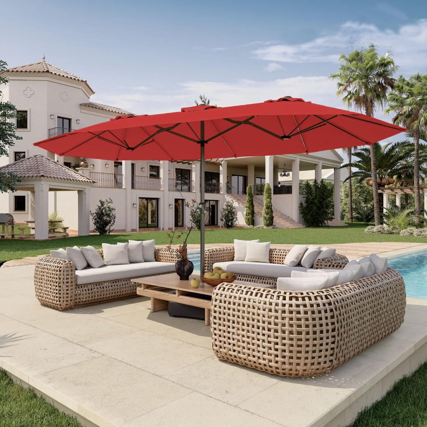 15FT Double Sided Patio Umbrella with Base Included Large Outdoor Market Umbrella with Crank Handle, UV Resistant Canopy, Sturdy Frame for Garden, Poolside, Deck, Creamy White