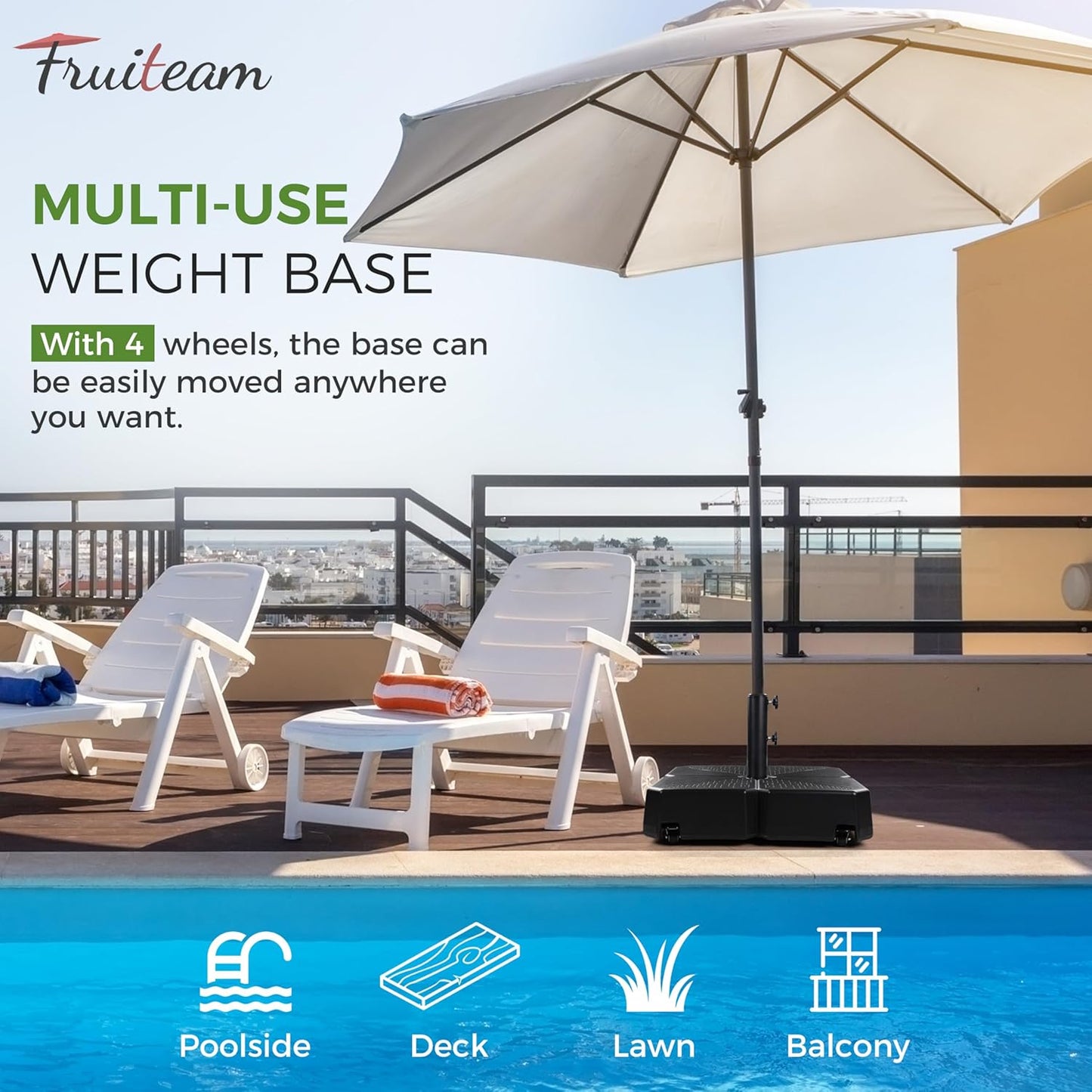 FRUITEAM 110lb Capacity Fillable Portable Umbrella Base with Wheels,Patio Umbrella Base Water & Sand Filled Umbrella Stand for Garden,Outdoor,Deck w/2 Locks,2Knobs