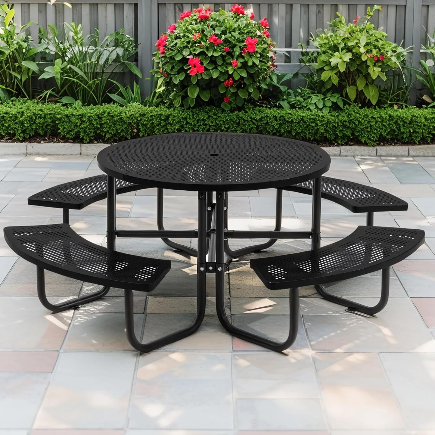 72" Picnic Table for Outdoors, Metal Picnic Table with 2 Built-in Benches, 1 Umbrella Pole, Heavy-Duty Structure for Patio, Garden, Courtyard and BBQ, Blue