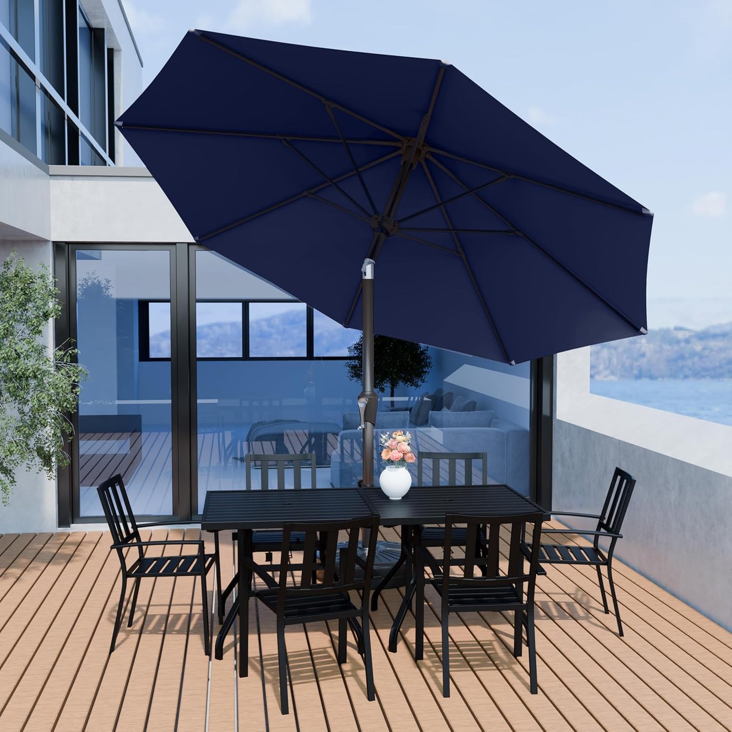 PatioKingdom 10FT Patio Umbrella with Push Button Tilt and Crank, Outdoor Market Umbrella with 8 Fiberglass Ribs, UV Protection Table Umbrella for Pool,Backyard,Garden,Deck(Navy, 10FT)