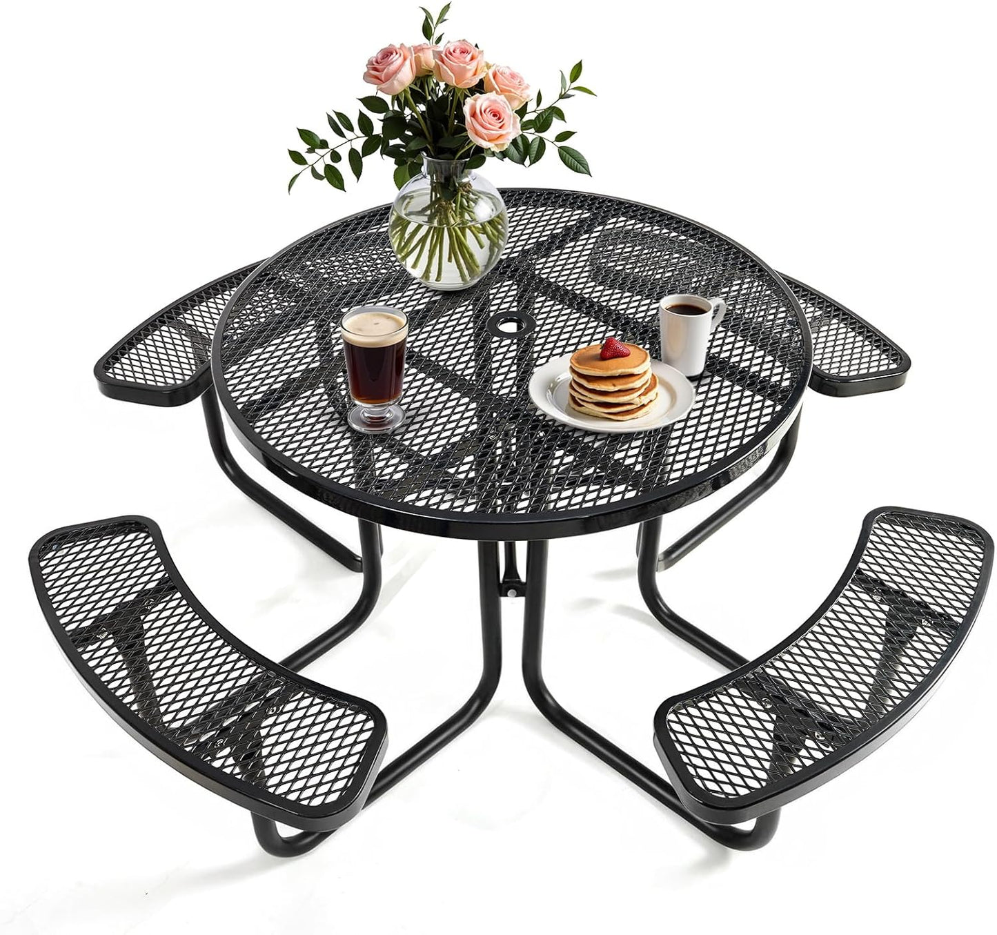 47'' Heavy Duty Picnic Round Table with Umbrella Hole, Expanded Meta Outdoor Metal Patio Dining Table Park Bench Set, Steel Mesh Outdoor Patio Furniture for Garden, Lawn, Patio, Porch, Park, Yard
