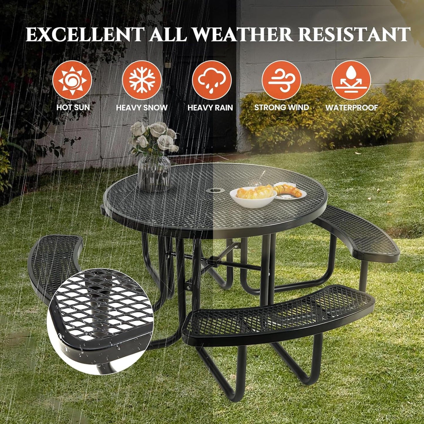 47'' Heavy Duty Picnic Round Table with Umbrella Hole, Expanded Meta Outdoor Metal Patio Dining Table Park Bench Set, Steel Mesh Outdoor Patio Furniture for Garden, Lawn, Patio, Porch, Park, Yard