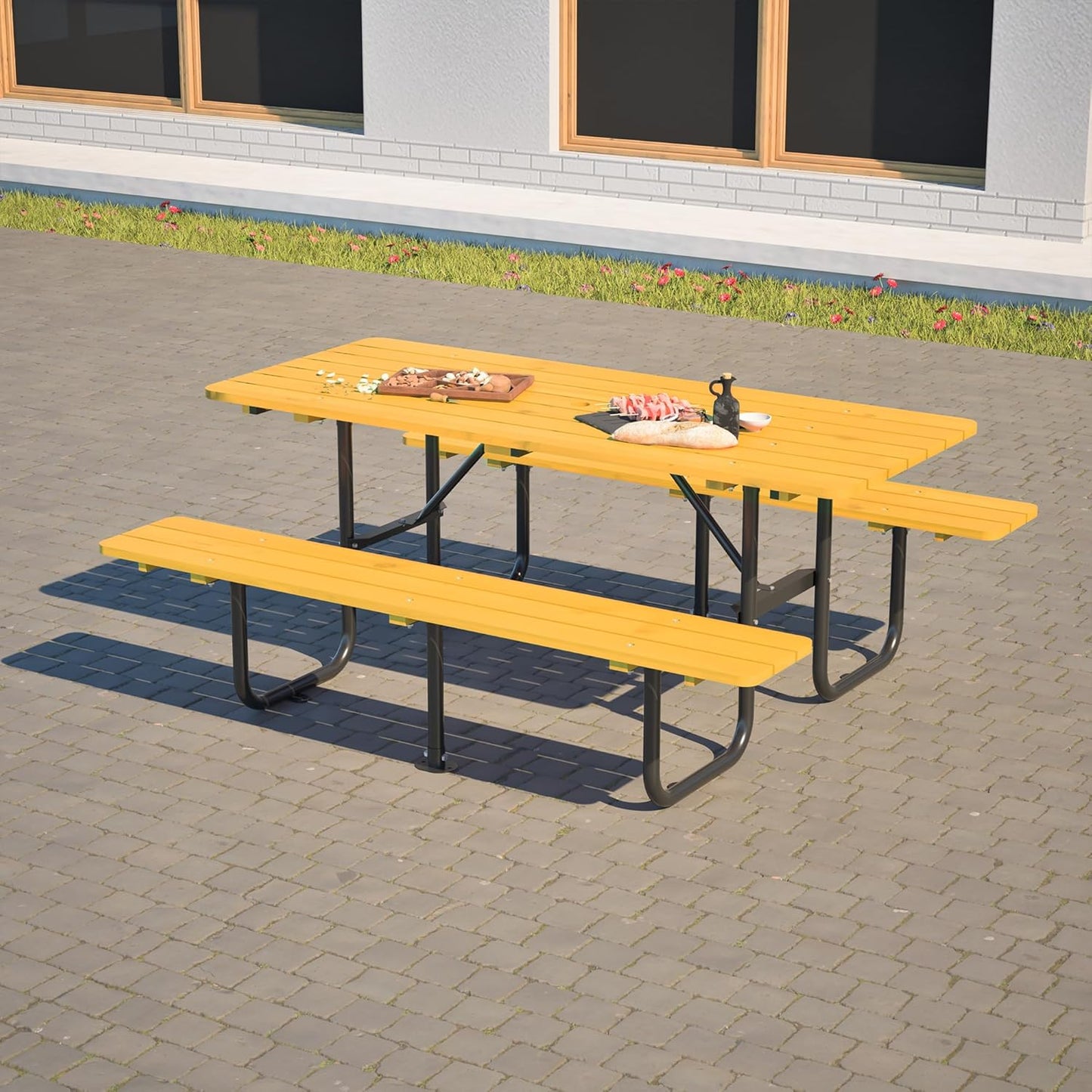 72" Picnic Table for Outdoors, Metal Picnic Table with 2 Built-in Benches, 1 Umbrella Pole, Heavy-Duty Structure for Patio, Garden, Courtyard and BBQ, Blue